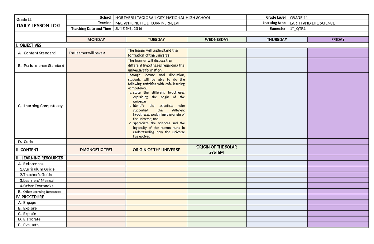 DLL EL - dail lesson log - Grade 11 DAILY LESSON LOG School NORTHERN ...