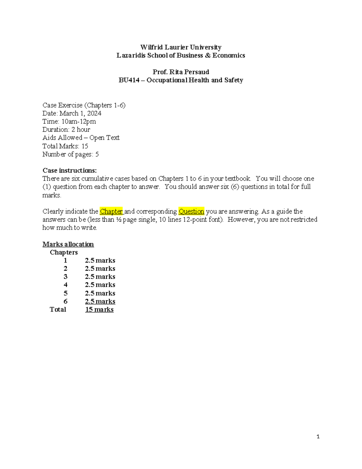 BU 414 Cumulative Questions Chapters 1-6 March 1, 2024 - Wilfrid ...