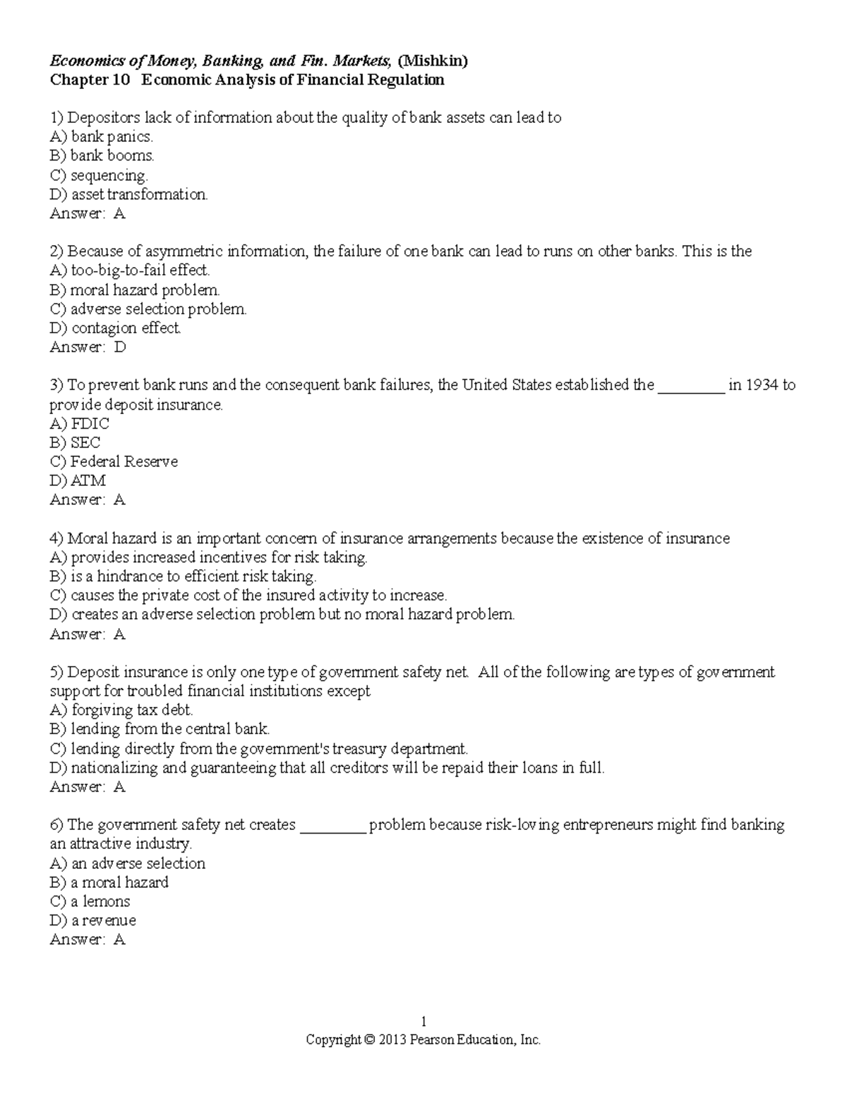 CH 10 Q and Av20 chapter 10 answers prof. mishkin Economics of