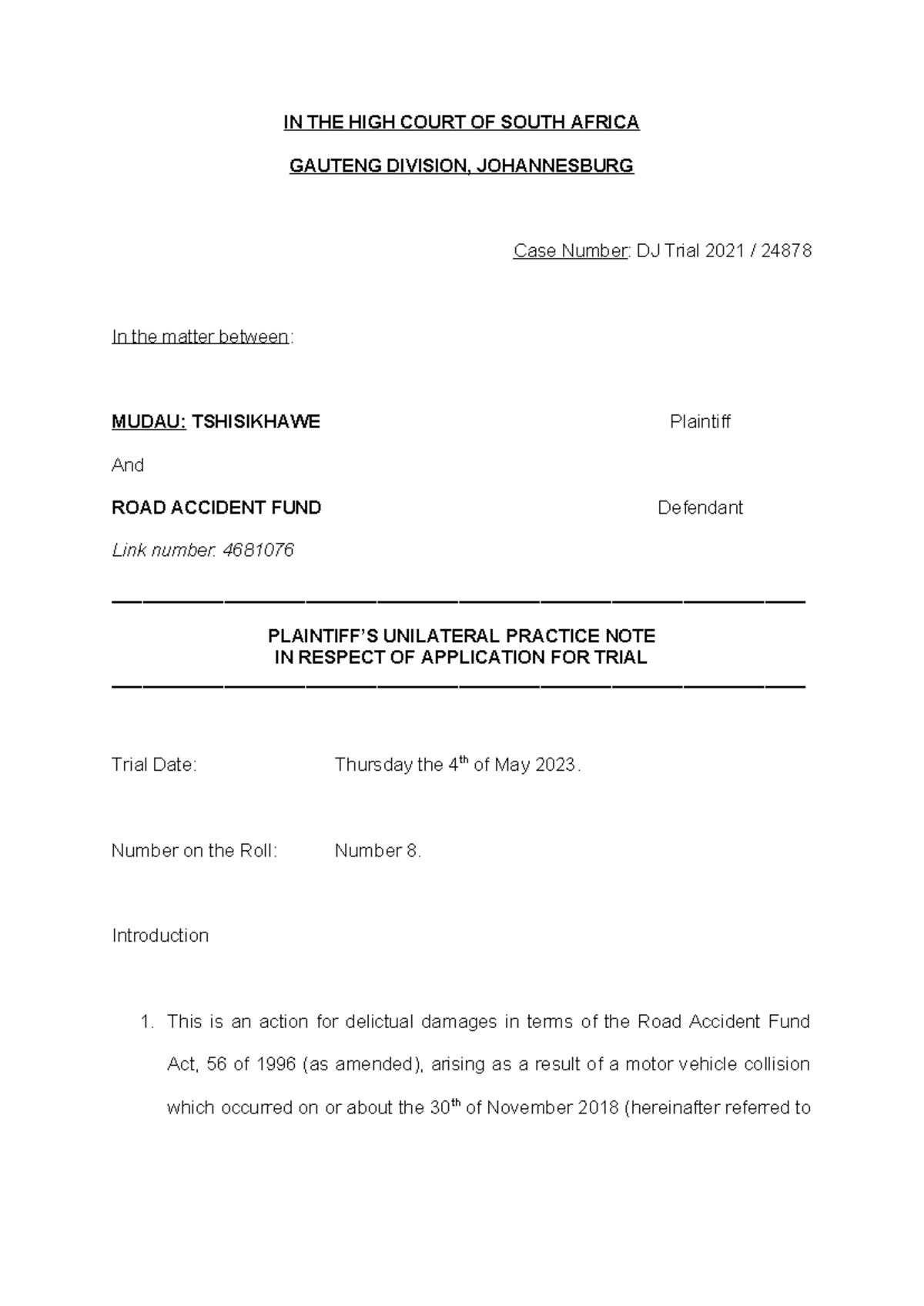 Trial Practice Note Mudau (4 May 2023) - IN THE HIGH COURT OF SOUTH ...