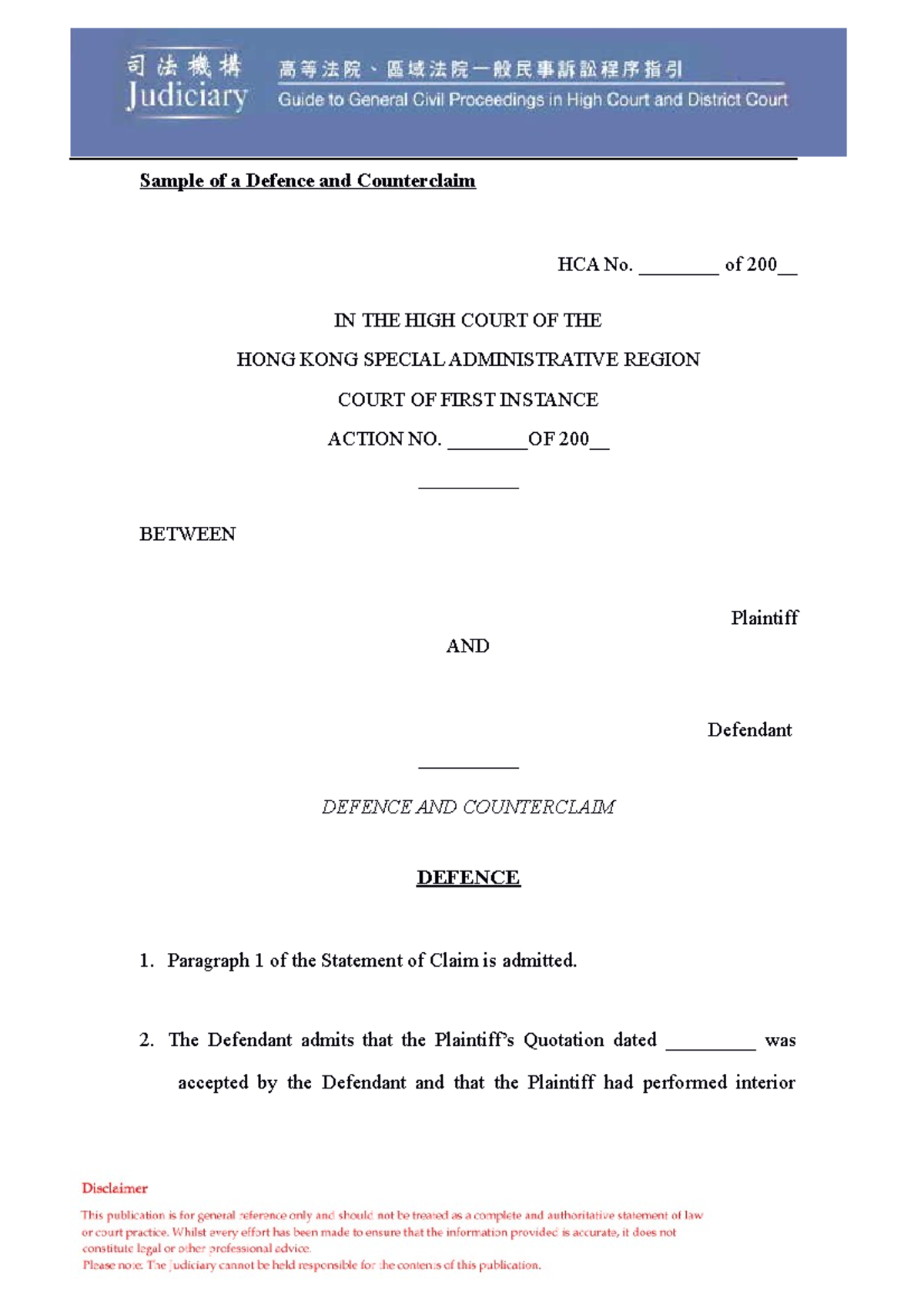 5 Sample Of A Defence And Counterclaim clean 19032009 - Sample of a ...