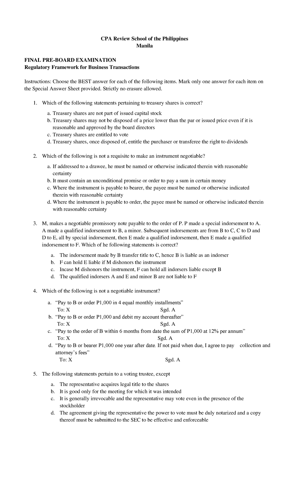 Final PB RFBT - Practice Problems - CPA Review School Of The ...