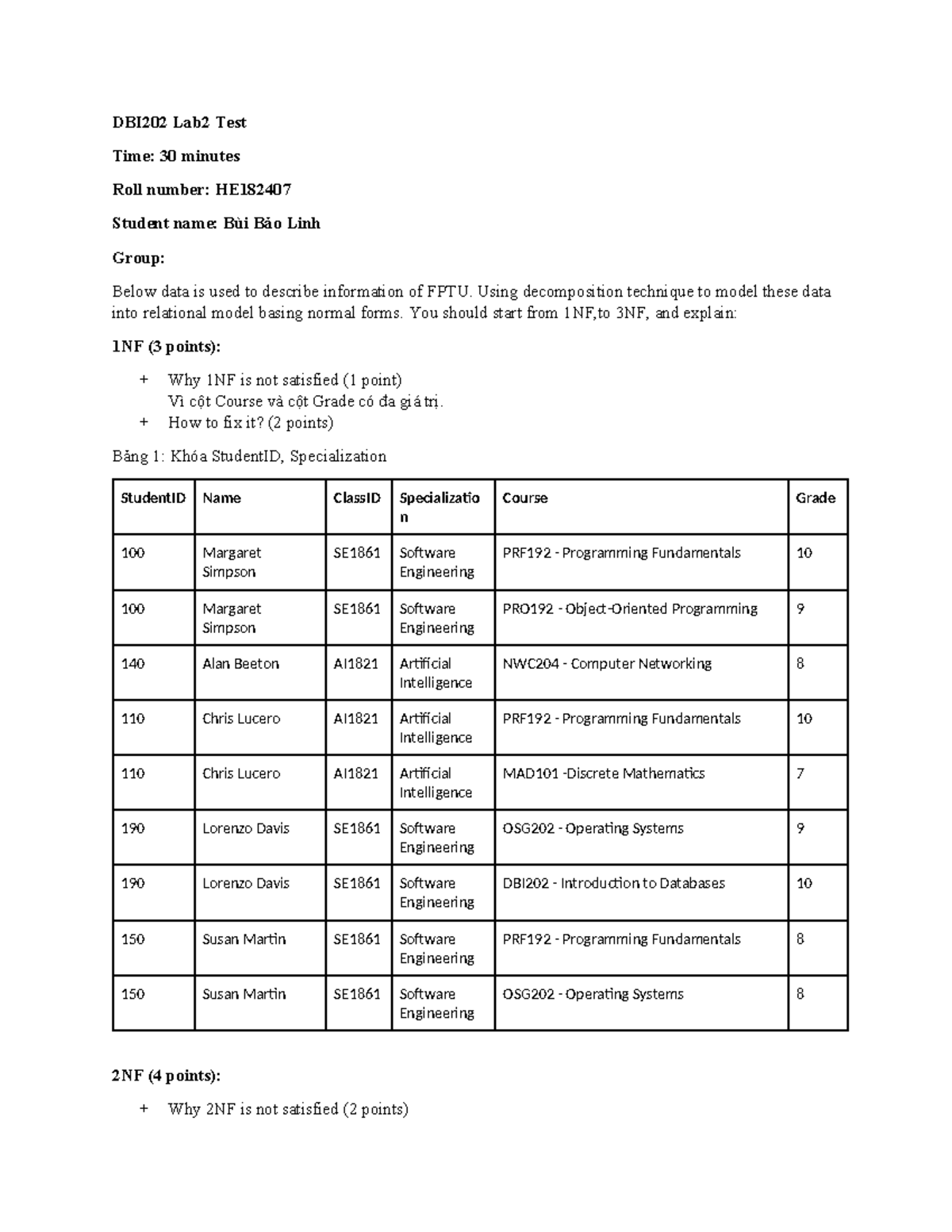 DBI202-Lab2-Test - DBI202 Lab2 Test Time: 30 minutes Roll number: HE ...