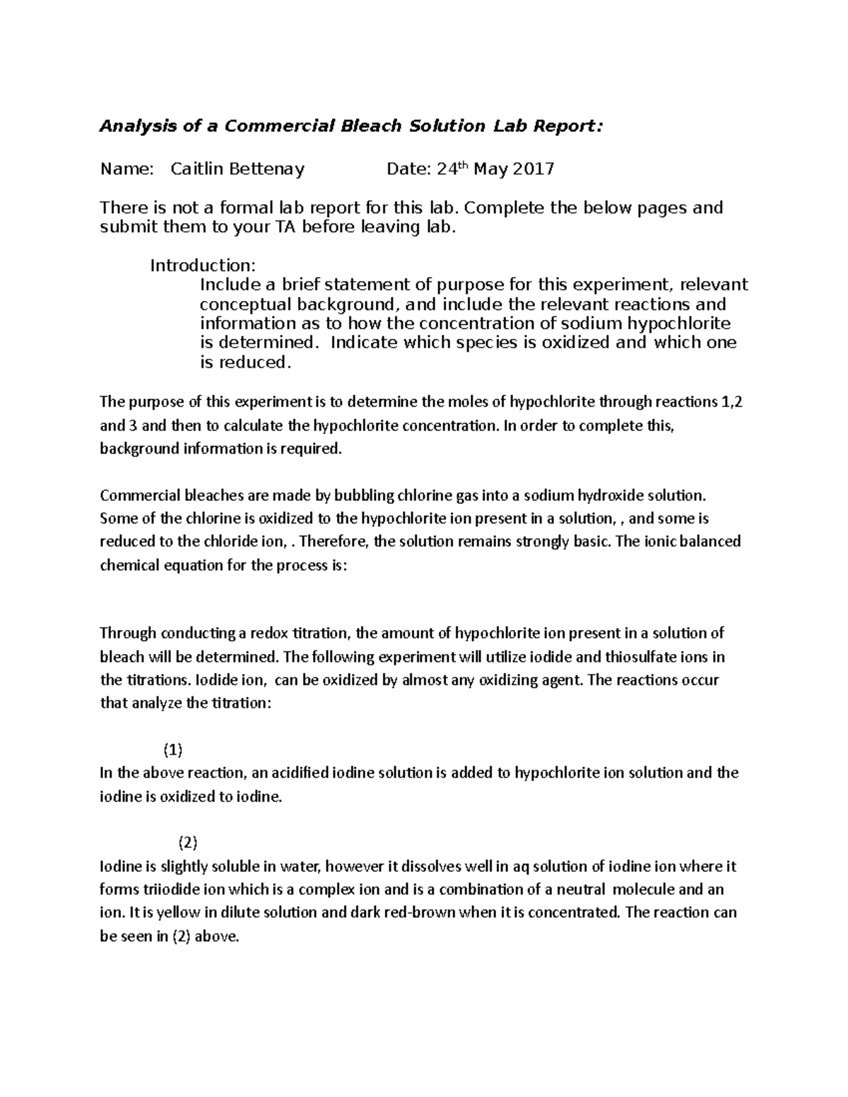 Analysis of a Commercial Bleach Solution Lab Report Complete the