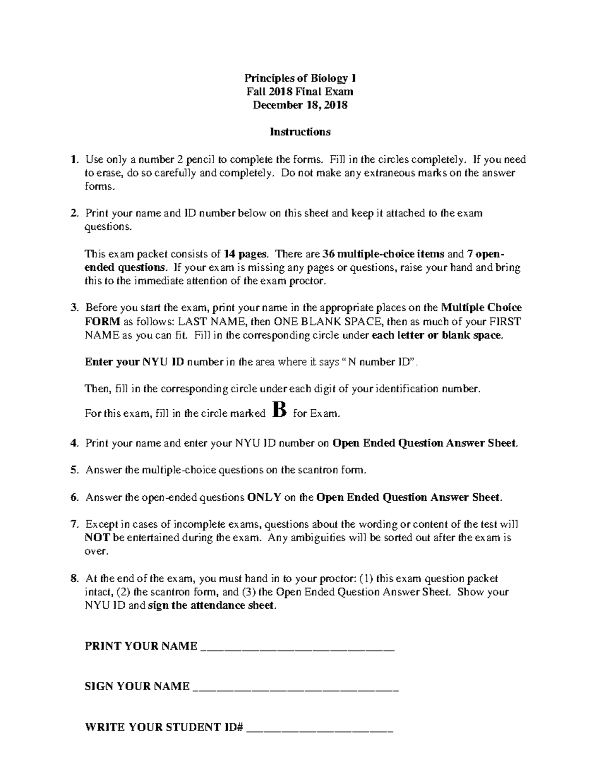 Po B I F18 Final B-1 - practice exam - Principles of Biology I Fall ...