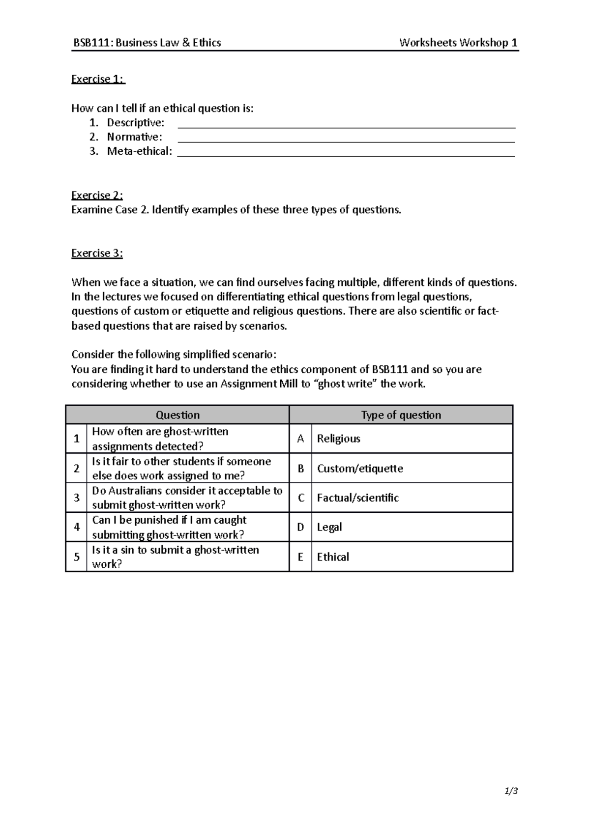 BSB111 WEEK 1 WS - Lecture notes 1 - BSB111: Business Law & Ethics ...