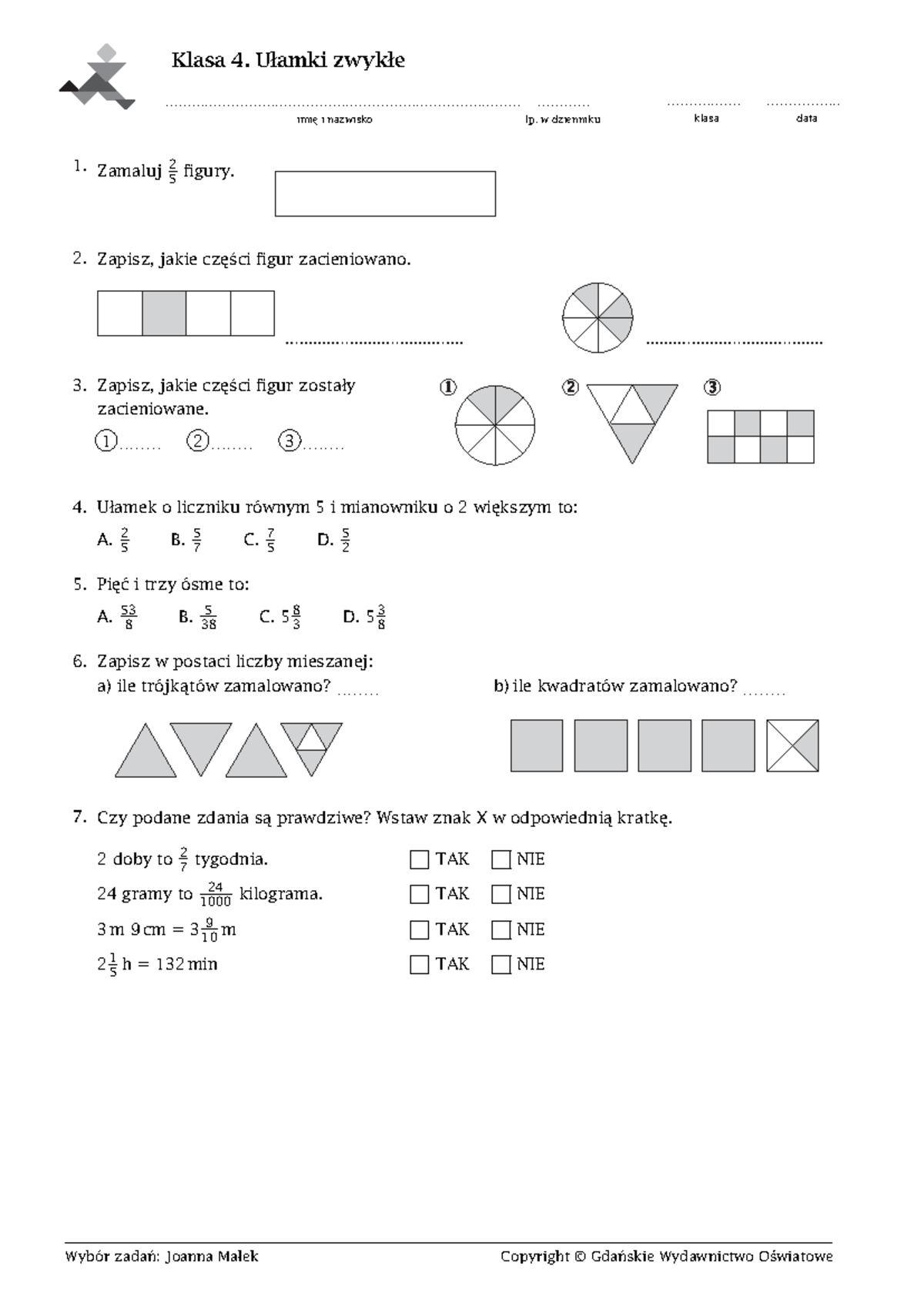 Sprawdzian Kl.4 Matematyka Ułamki Zwykłe www.studocu.com