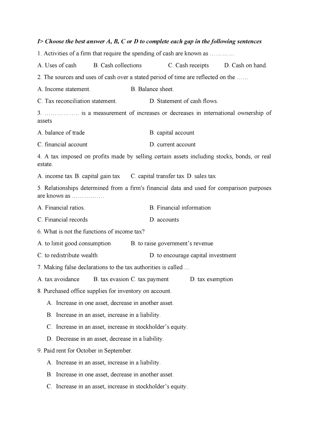 ĐỀ - Đề Trắc Nghiệm - I> Choose The Best Answer A, B, C Or D To ...