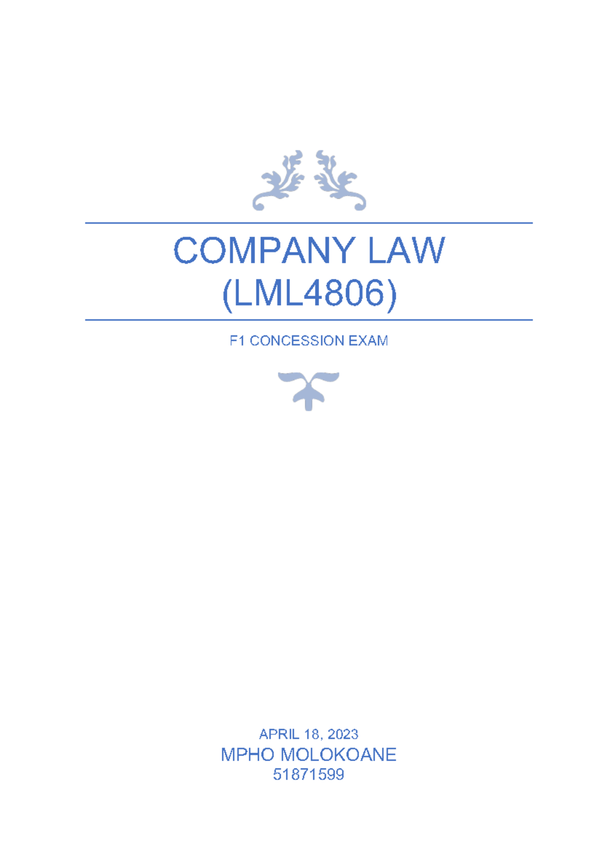 F1 Concession exam EXAM COMPANY LAW (LML4806) F1 CONCESSION EXAM