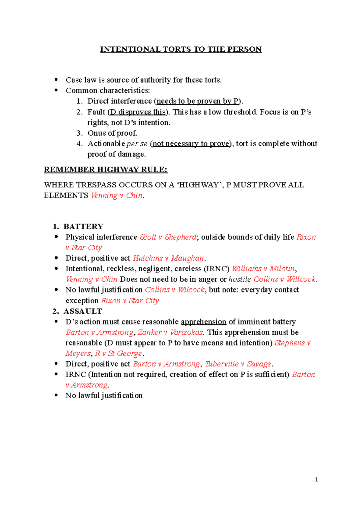 Torts 1 Final Exam Notes - INTENTIONAL TORTS TO THE PERSON Case law is ...