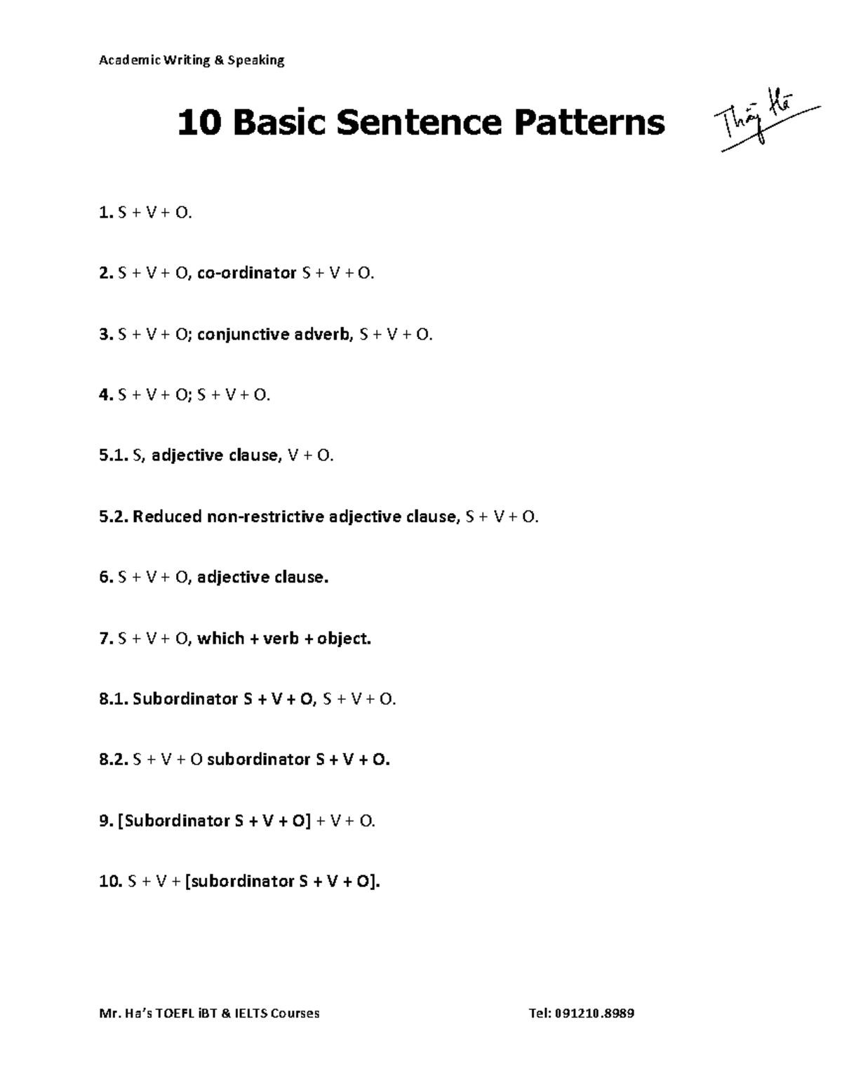 10 Basic Sentence Patterns - Academic Writing & Speaking Mr. Ha’s TOEFL ...