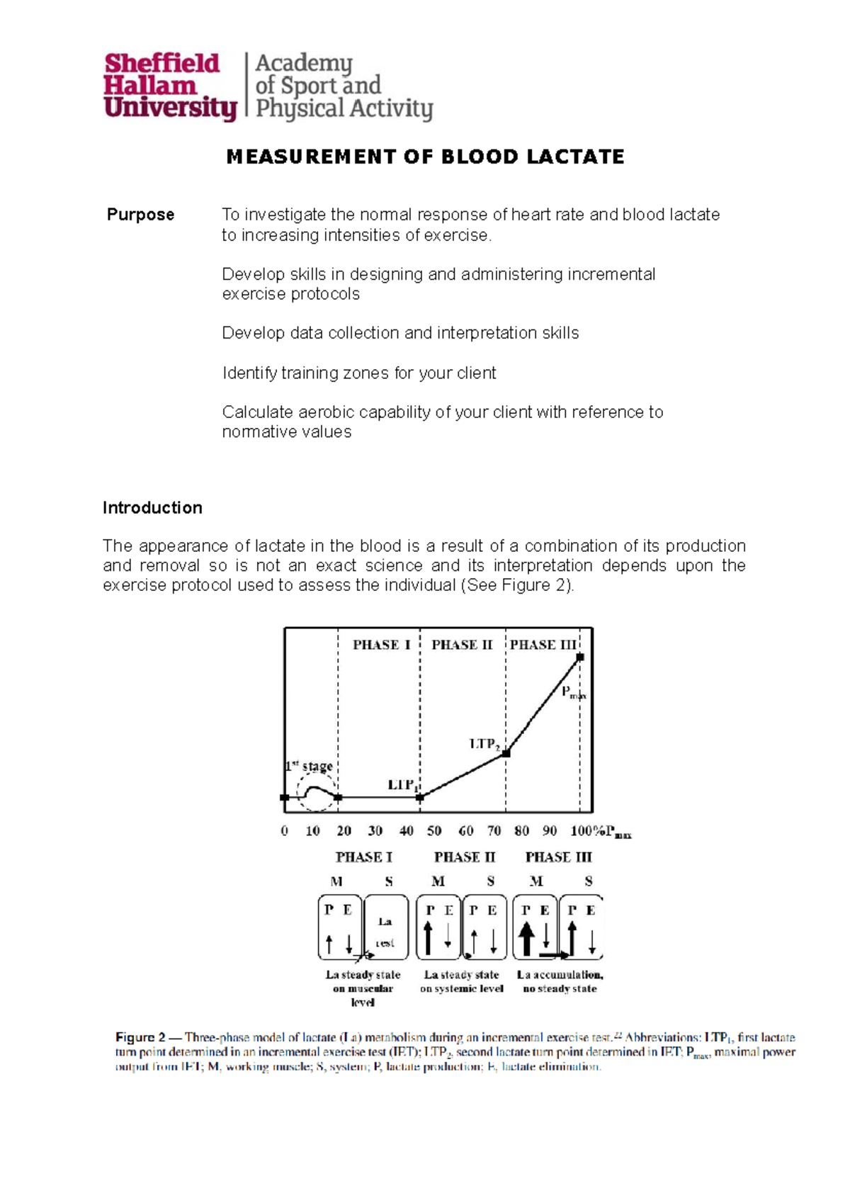 Laboratory protocol lactate profile MEASUREMENT OF BLOOD LACTATE