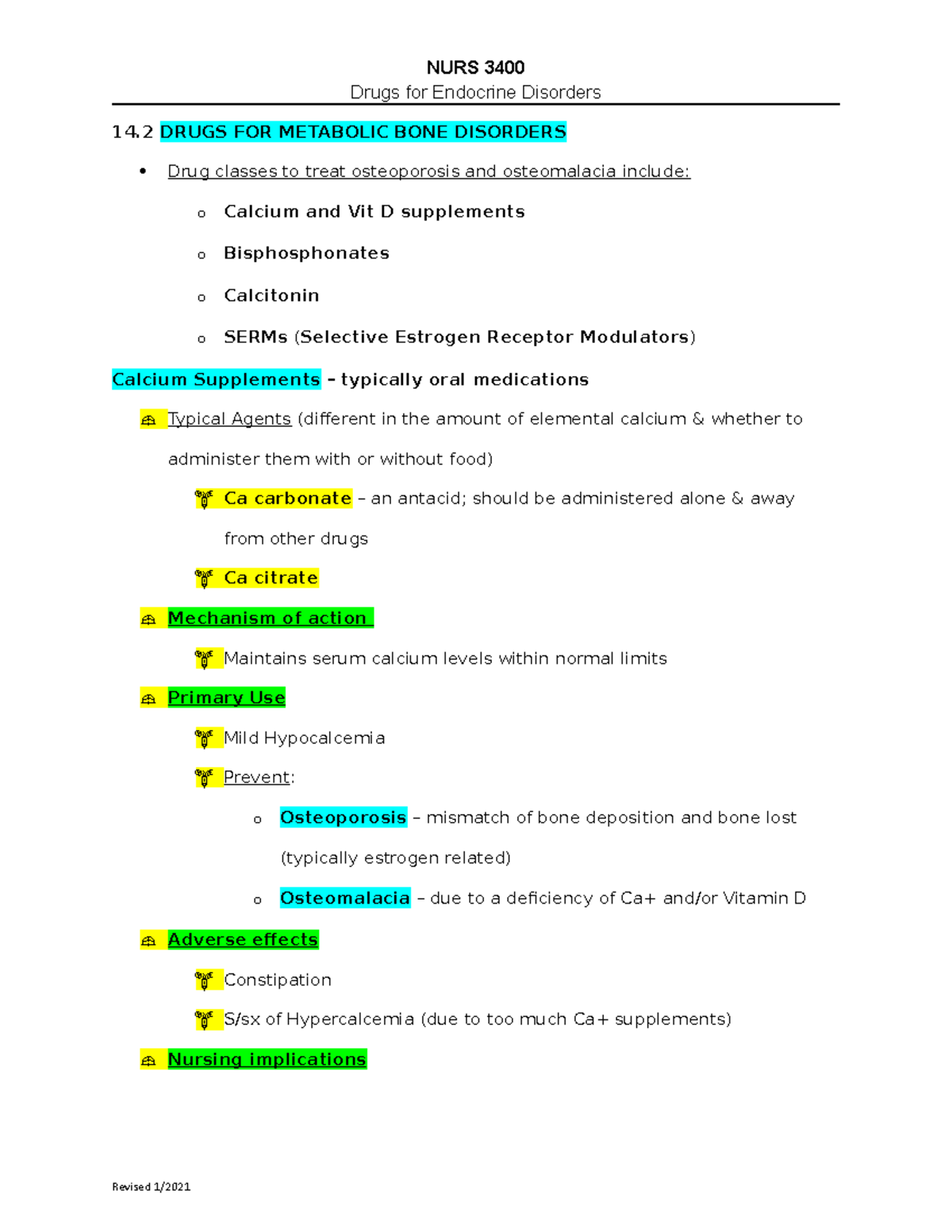 14.2 Bone meds student outline - Drugs for Endocrine Disorders 14 DRUGS ...