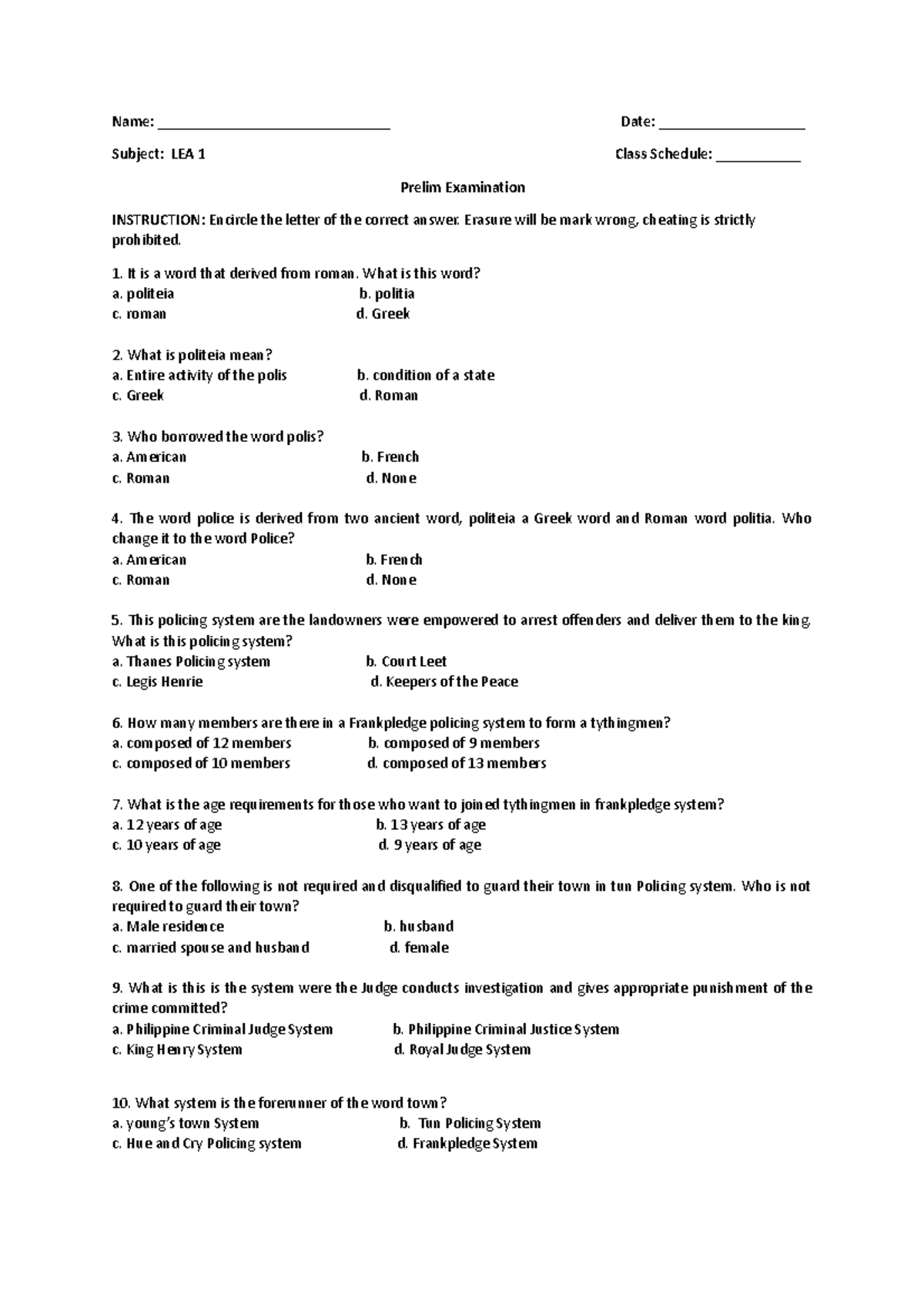 Prelim lea 1 - l police organization questionnaire - Name