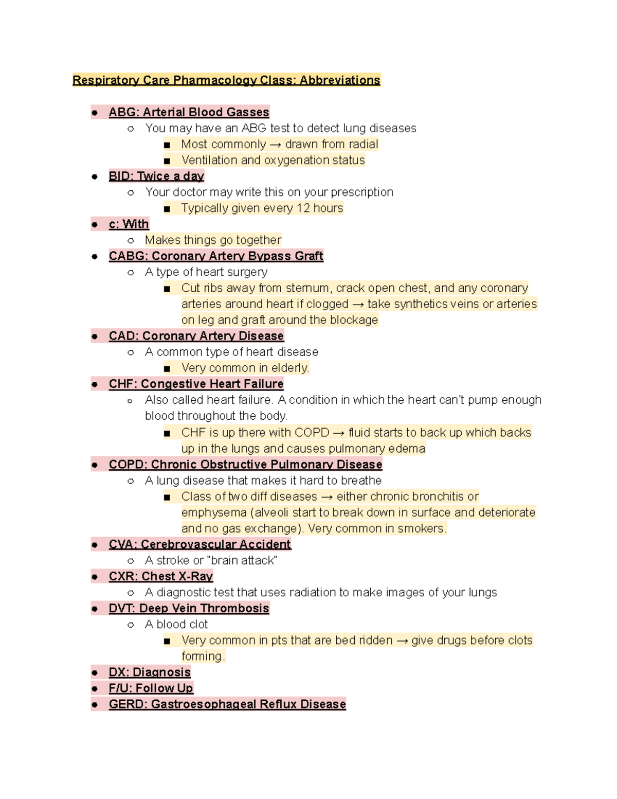 Abbreviations Pharm respiratory Respiratory Care Pharmacology Class