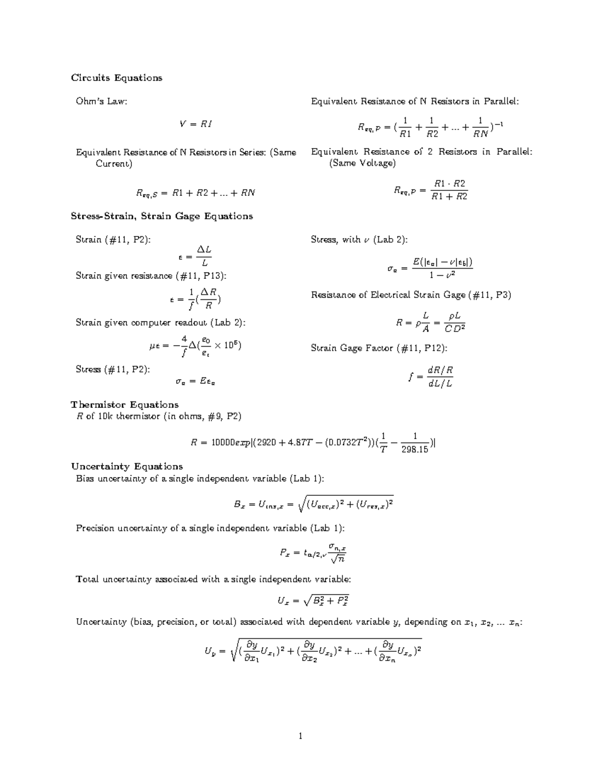 Engineering Measurements Study Guide - Circuits Equations Ohm’s Law: V ...