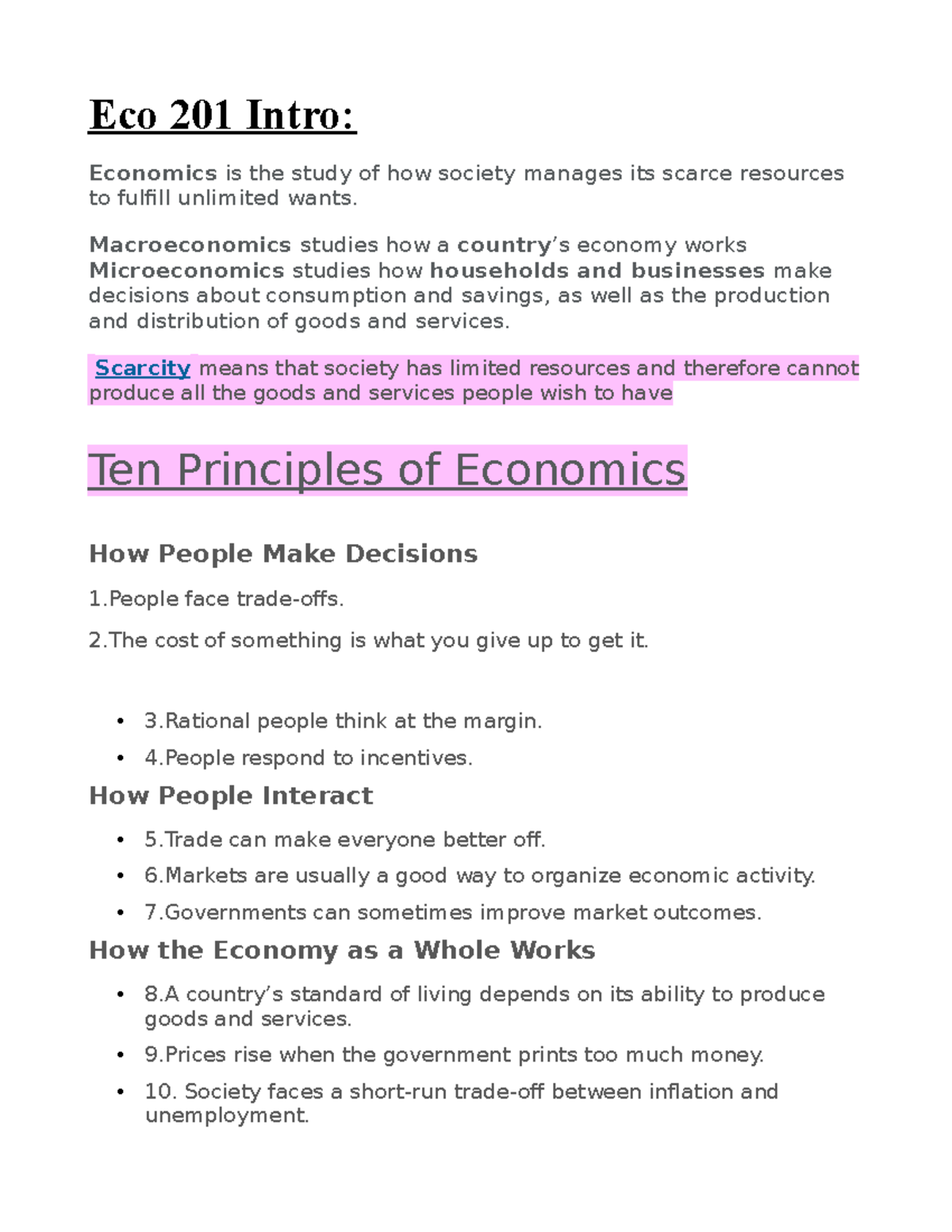 Chapter 1 - Eco 201 Intro: Economics is the study of how society ...