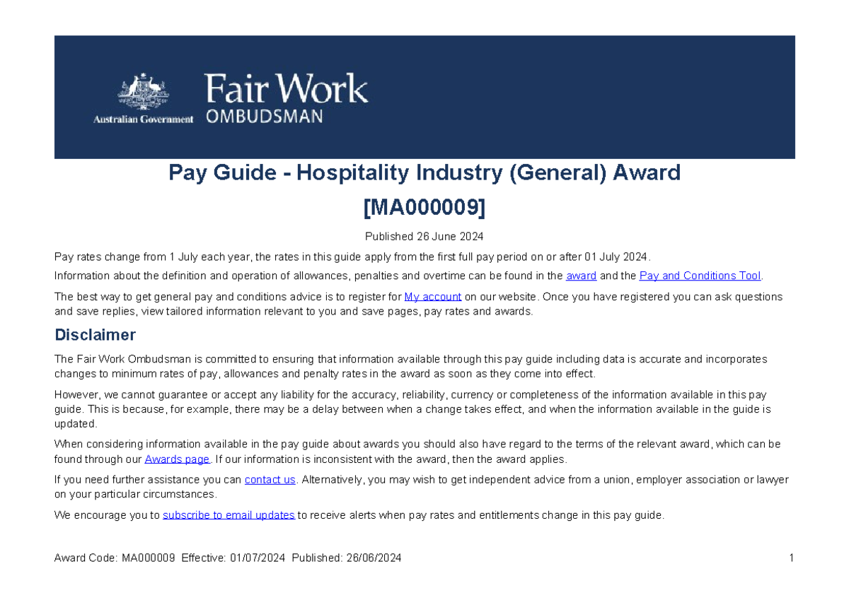 Payguides MA000009 - 1 July 2024 - Pay Guide - Hospitality Industry ...