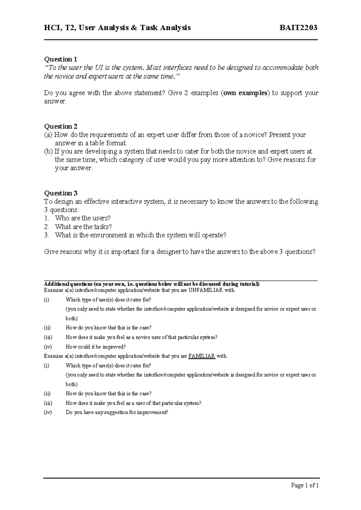 T02, User+Tasks Analysis - HCI, T2, User Analysis & Task Analysis BAIT ...