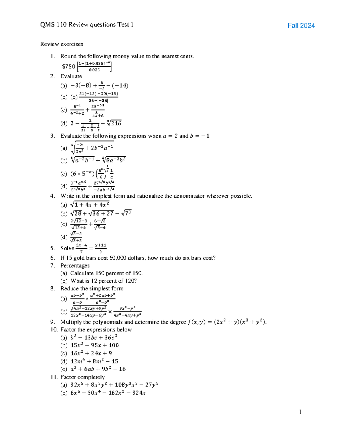 QMS 110 Test I Review exercises(Zewdu) - QMS 110 Review questions Test ...