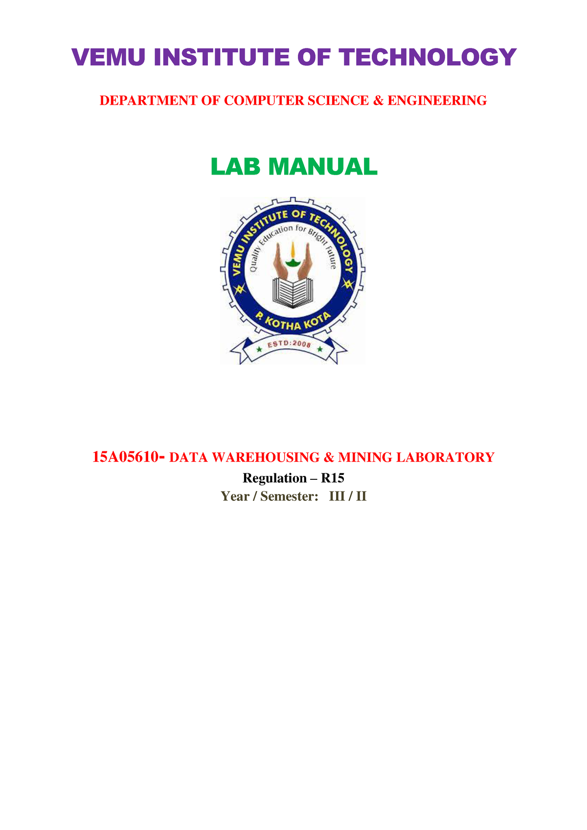 DWM Labmaual - Sddsf - VEMU INSTITUTE OF TECHNOLOGY DEPARTMENT OF ...