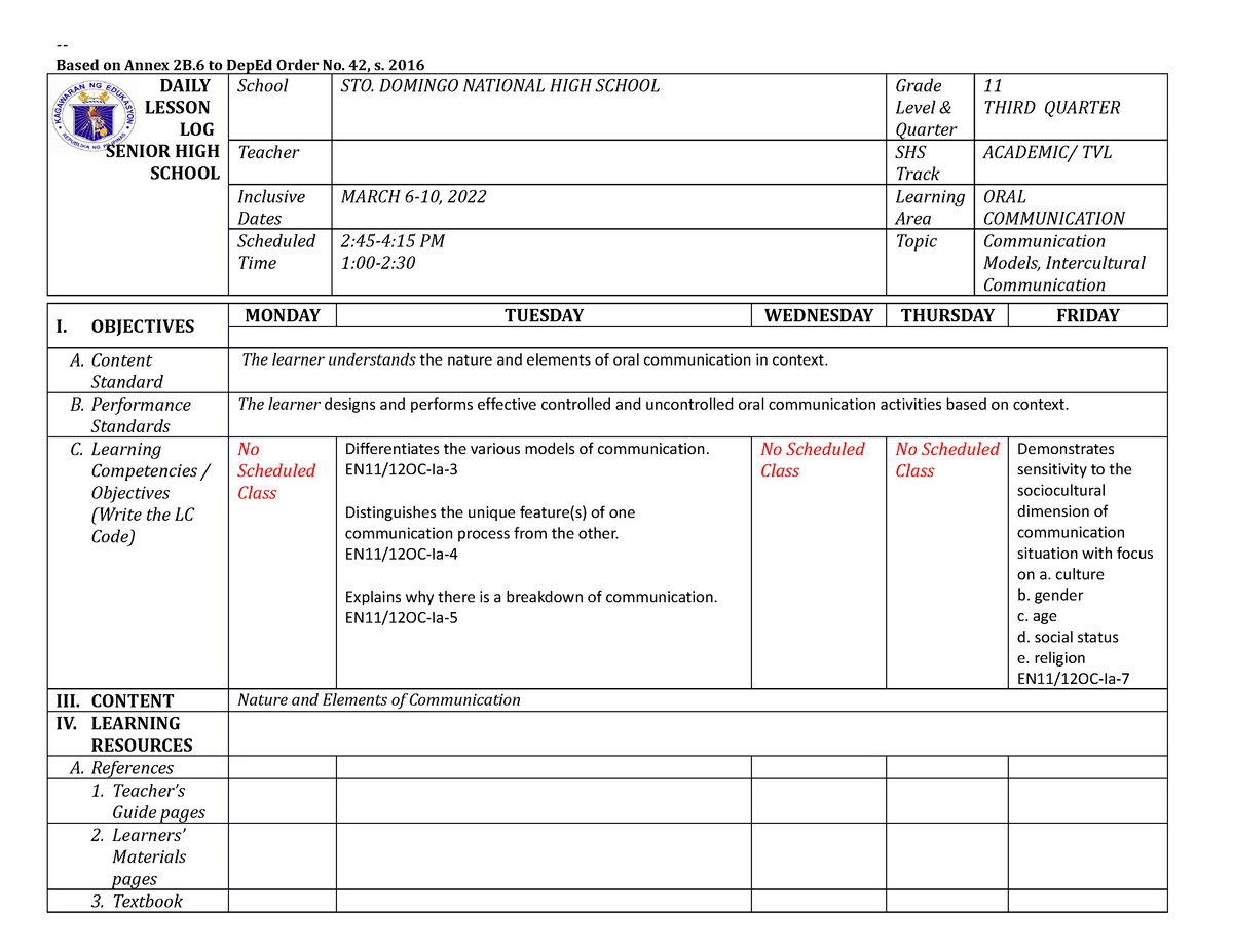 Daily Lesson Log - Based On Annex 2B To DepEd Order No. 42, S. 2016 ...