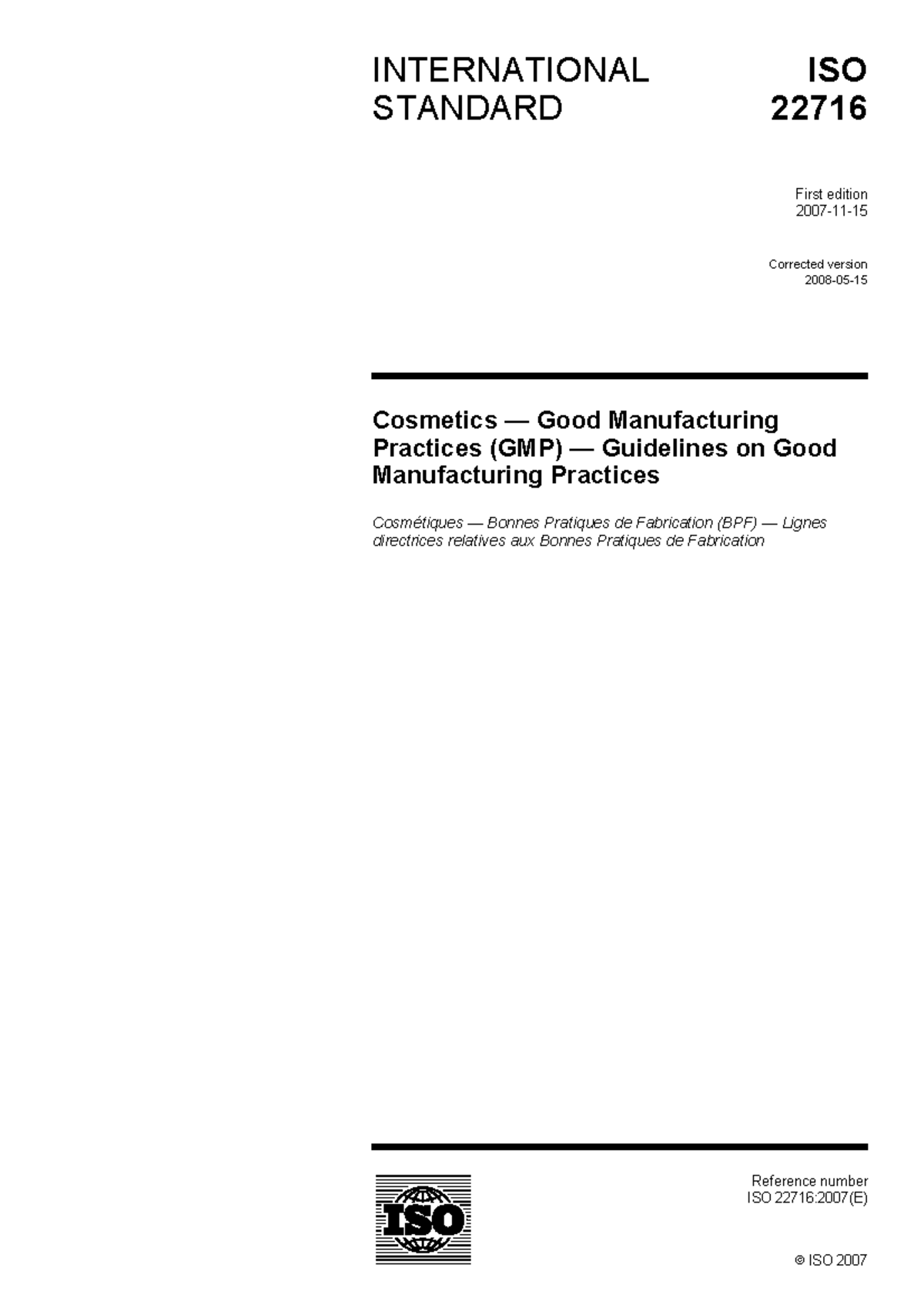 ISO 22716 2008 Cosmetics Guidelines on Good Manufacturing Practices ...