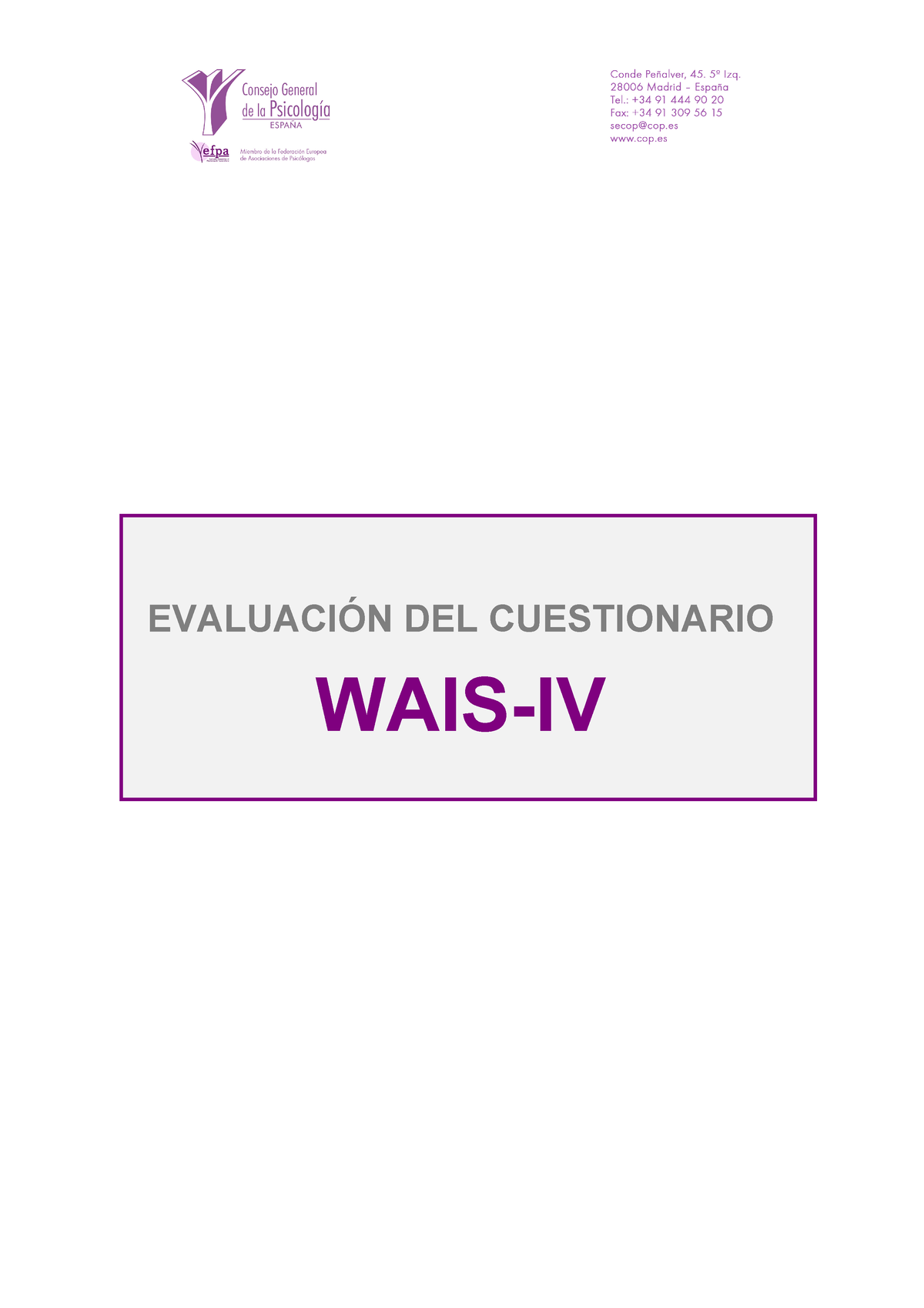 WAIS-IV - Manual De Wais Iv - EVALUACI”N DEL CUESTIONARIO WAIS-IV ...