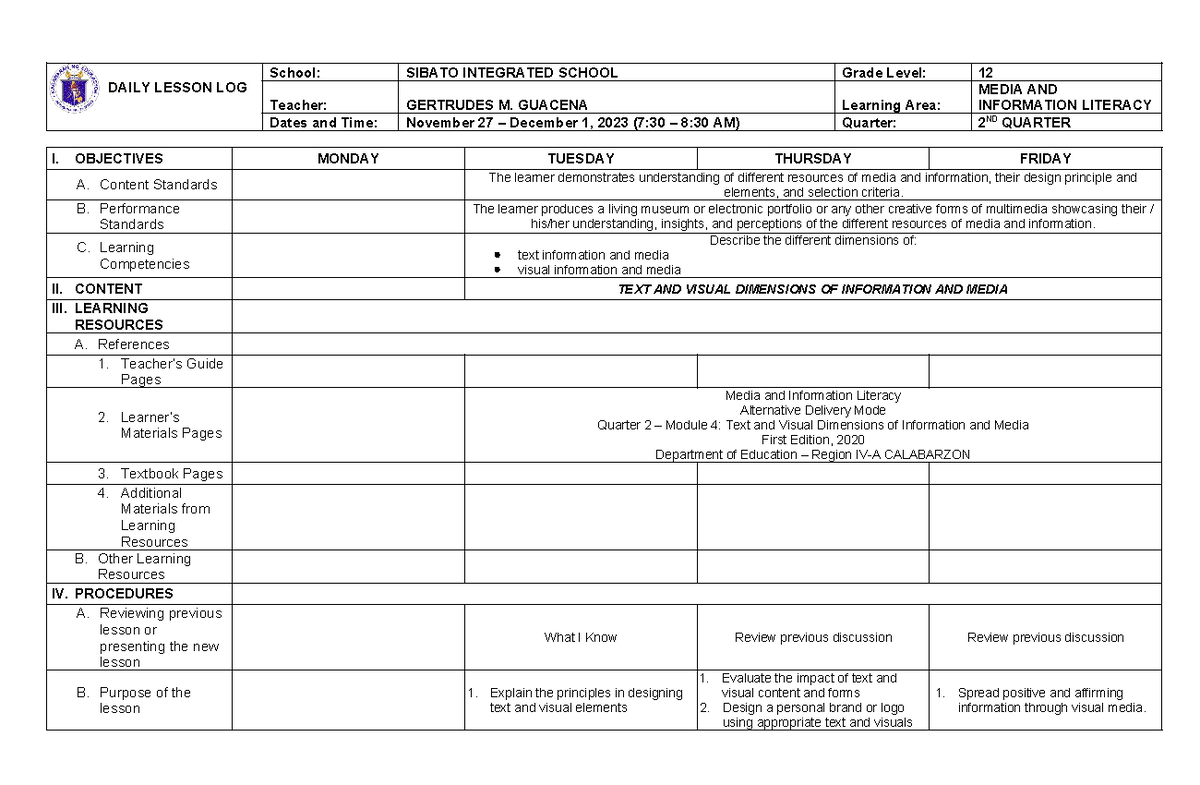 Daily Lesson Log - DAILY LESSON LOG School: SIBATO INTEGRATED SCHOOL ...