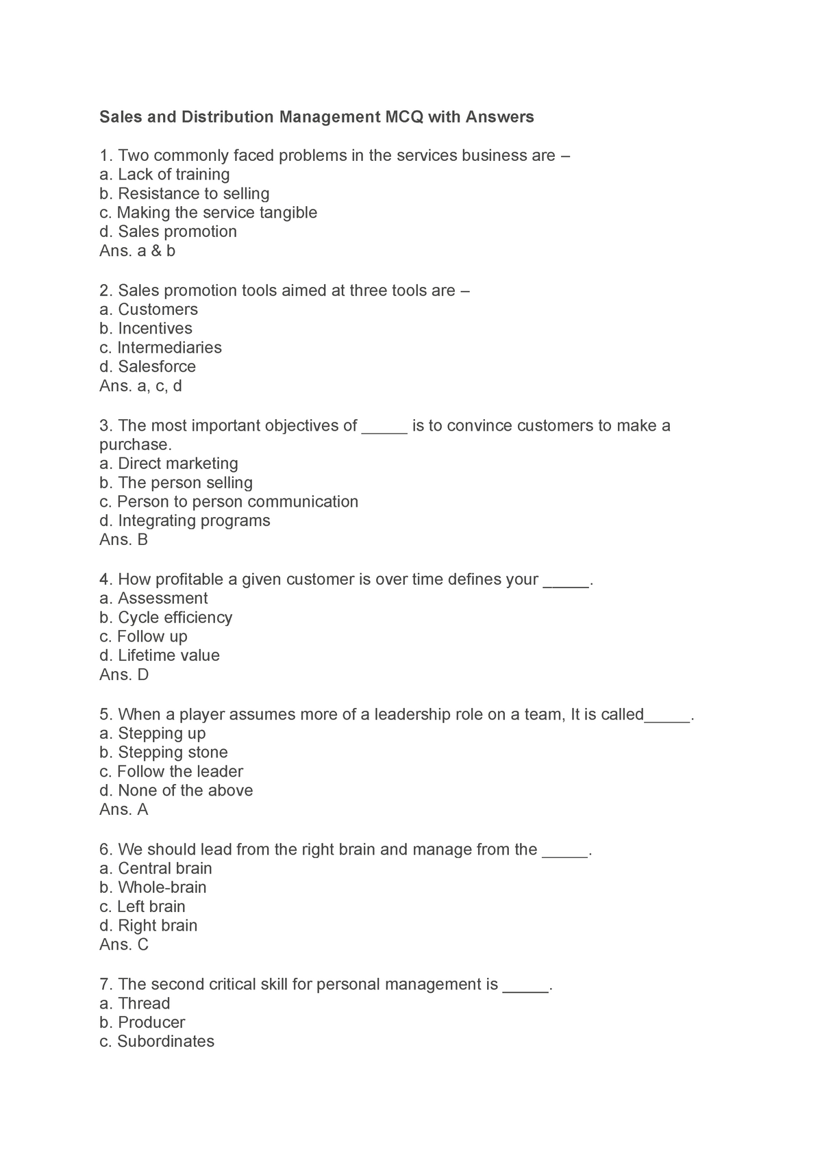 sales-and-distribution-management-mcq-with-answers-lack-of-training-b