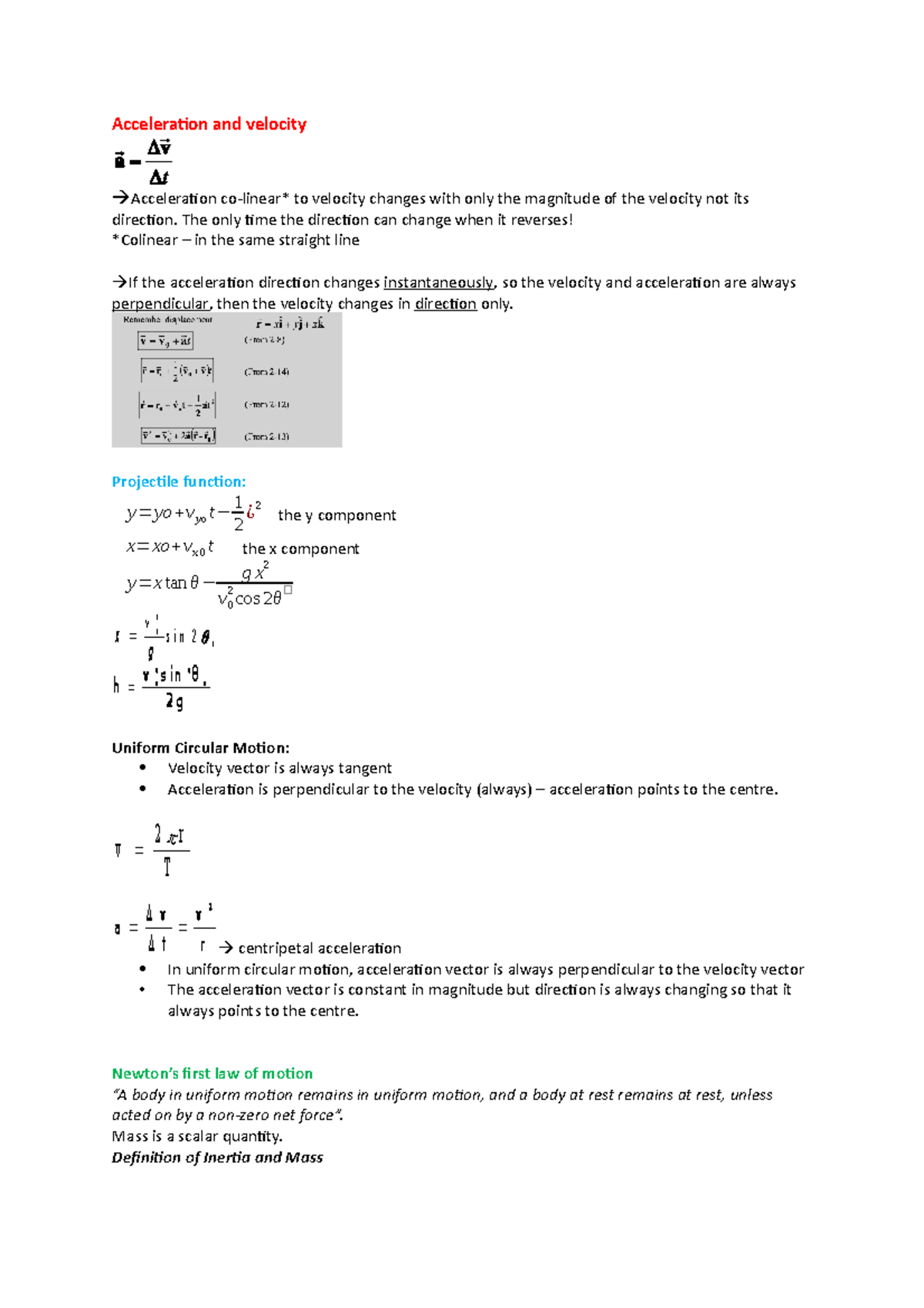 Physics notes - Acceleration and velocity Acceleration co-linear* to ...