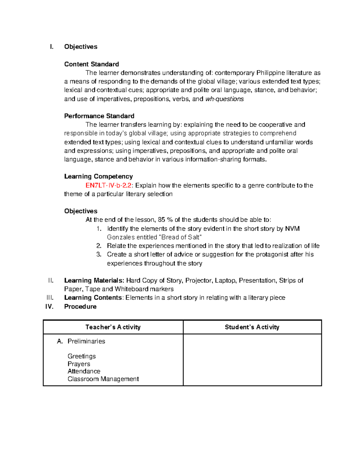 LP - A lesson plan for Philippine Literature - I. Objectives Content ...