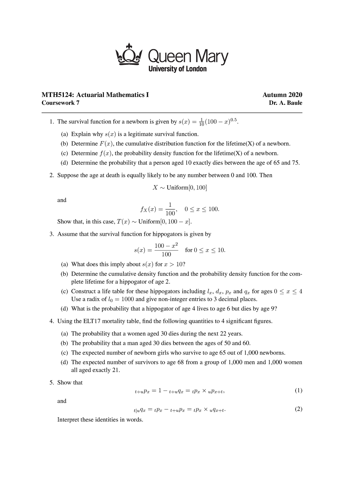 Actuarial Mathematics I - Coursework 7 - MTH5124: Actuarial Mathematics ...