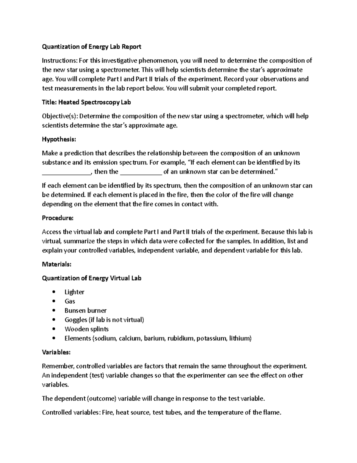 2.03 Quantization of Energy Quantization of Energy Lab Report Instructions For this