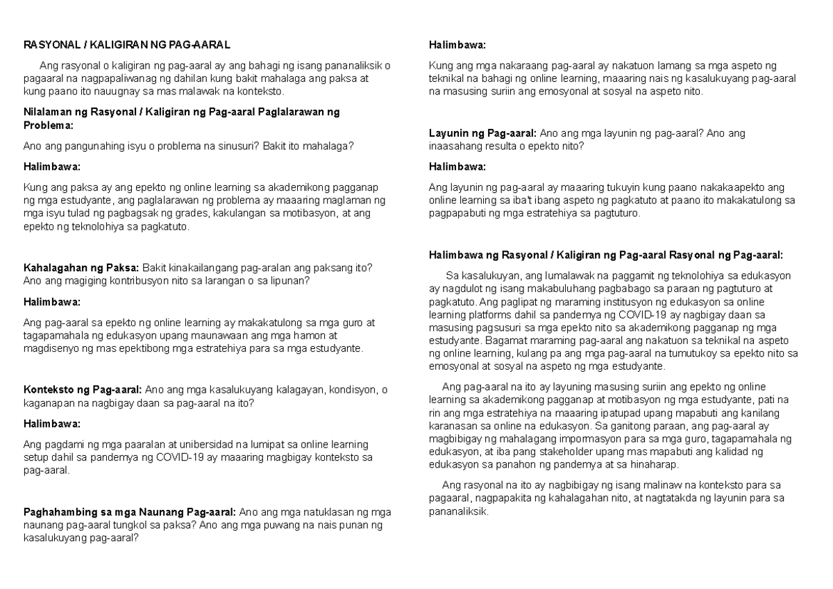 Pananaliksik- Compilation - RASYONAL / KALIGIRAN NG PAG-AARAL Ang ...