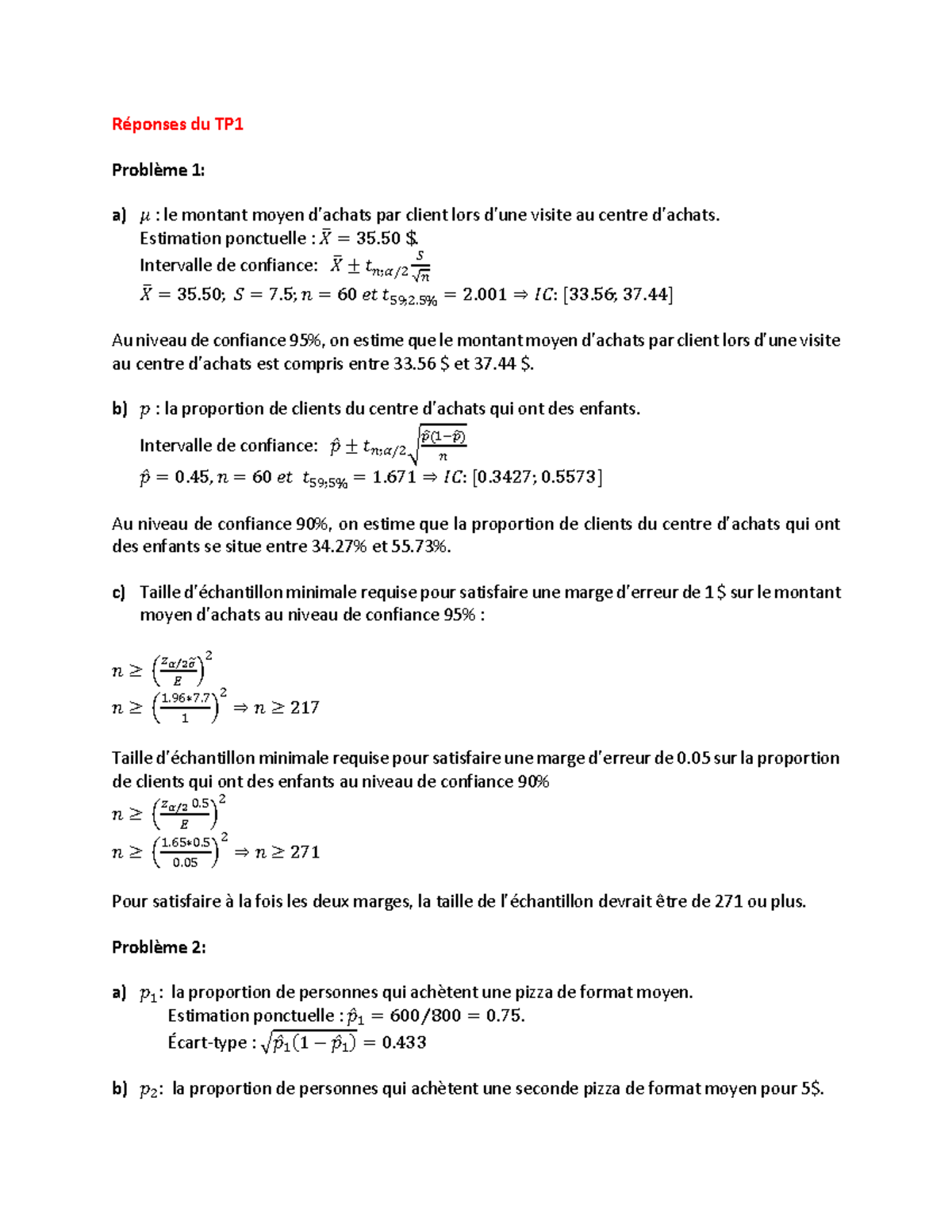 5 - 30600 TP1 solution - TP 1 - Réponses du TP Problème 1: a) 𝜇𝜇 : le ...