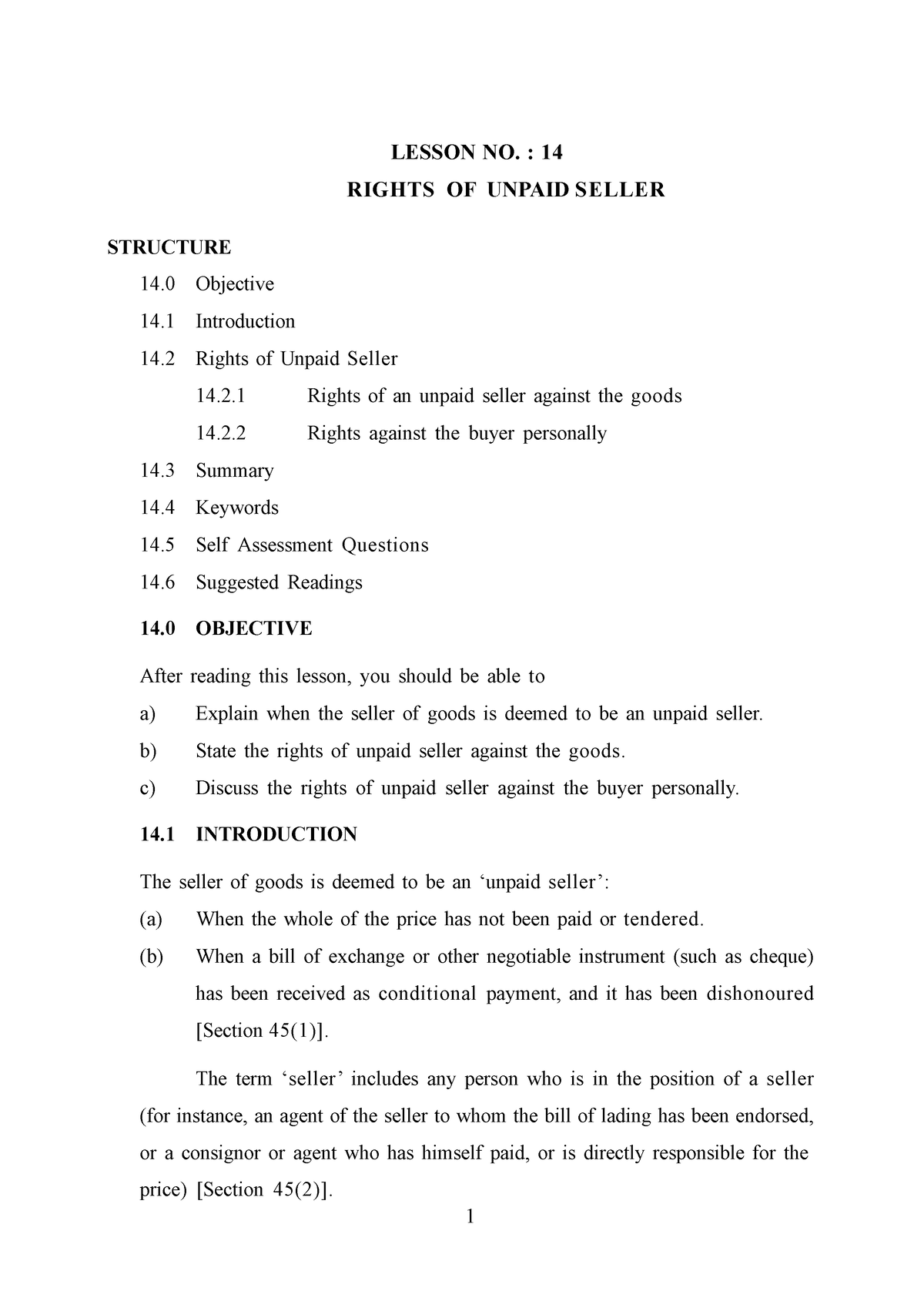 Lesson - 14 Rights OF Unpaid Seller - 1 LESSON NO. : 14 RIGHTS OF ...