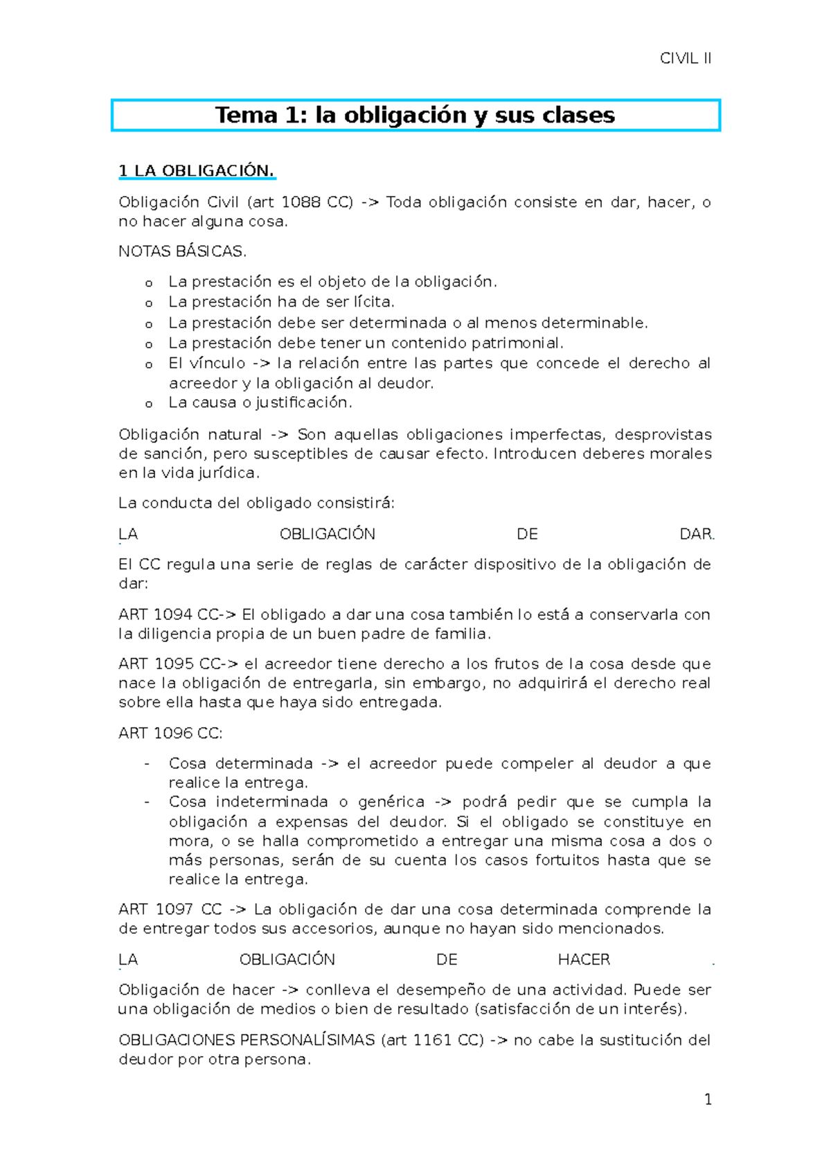 Resumen Tema 1 La obligación y sus clases - Tema 1: la obligación y sus ...