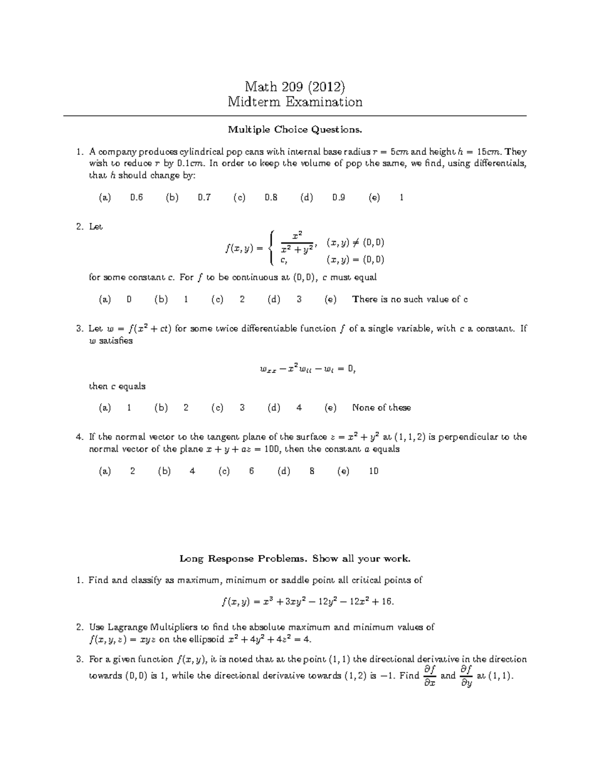 Sample Practice Exam 2009 Questions And Answers Math 209 2012 Midterm Examination Multiple Sample Practice Exam 2009 Questions And Answers Math 209 2012 Midterm Examination Multiple
