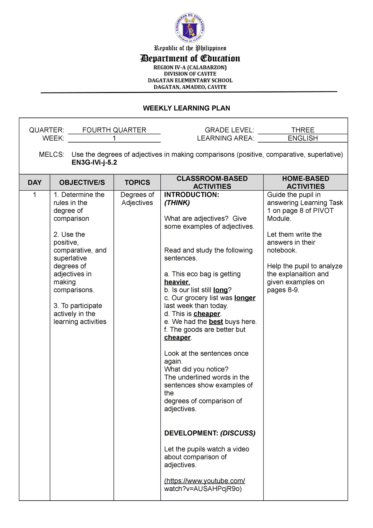 Wlp Q4 W1 English Weekly Learning Plan Quarter Fourth Quarter Grade Level Three Week 1 8423