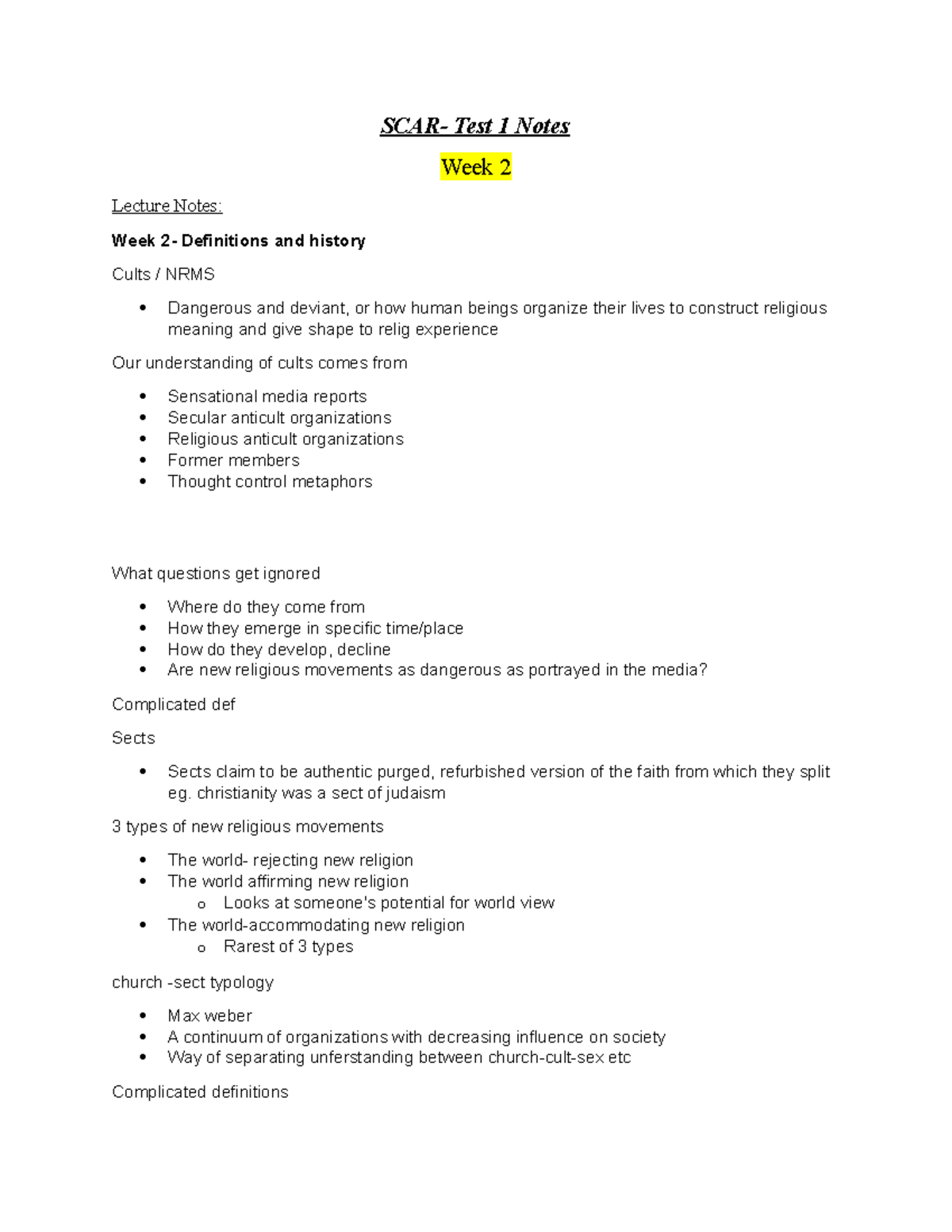 Week 1 - 5 Notes - SCAR- Test 1 Notes Week 2 Lecture Notes: Week 2 ...