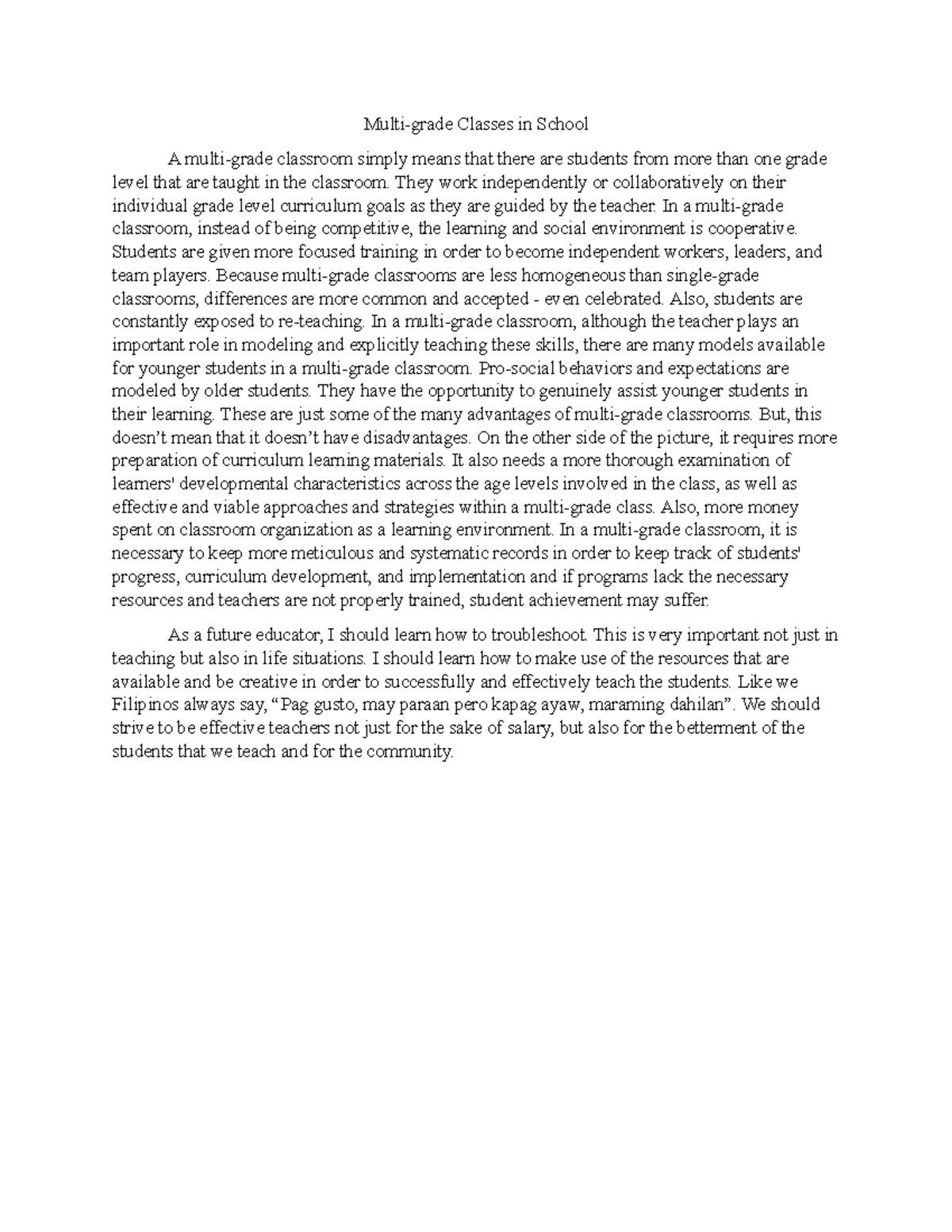 Multi-grade Classes in School - They work independently or ...