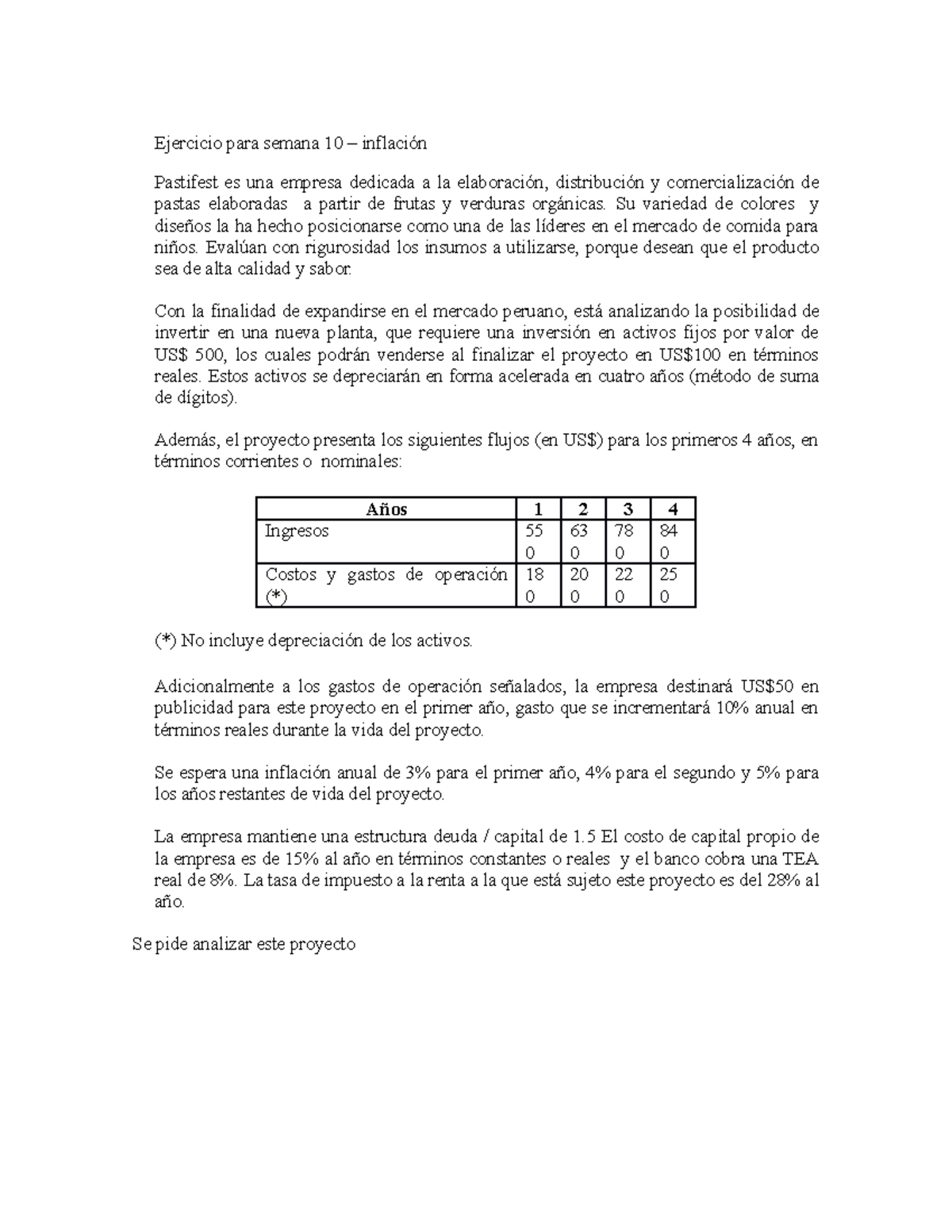 Caso Pastifest Ejercicio Inflaci n Para Semana 10 Ejercicio Para