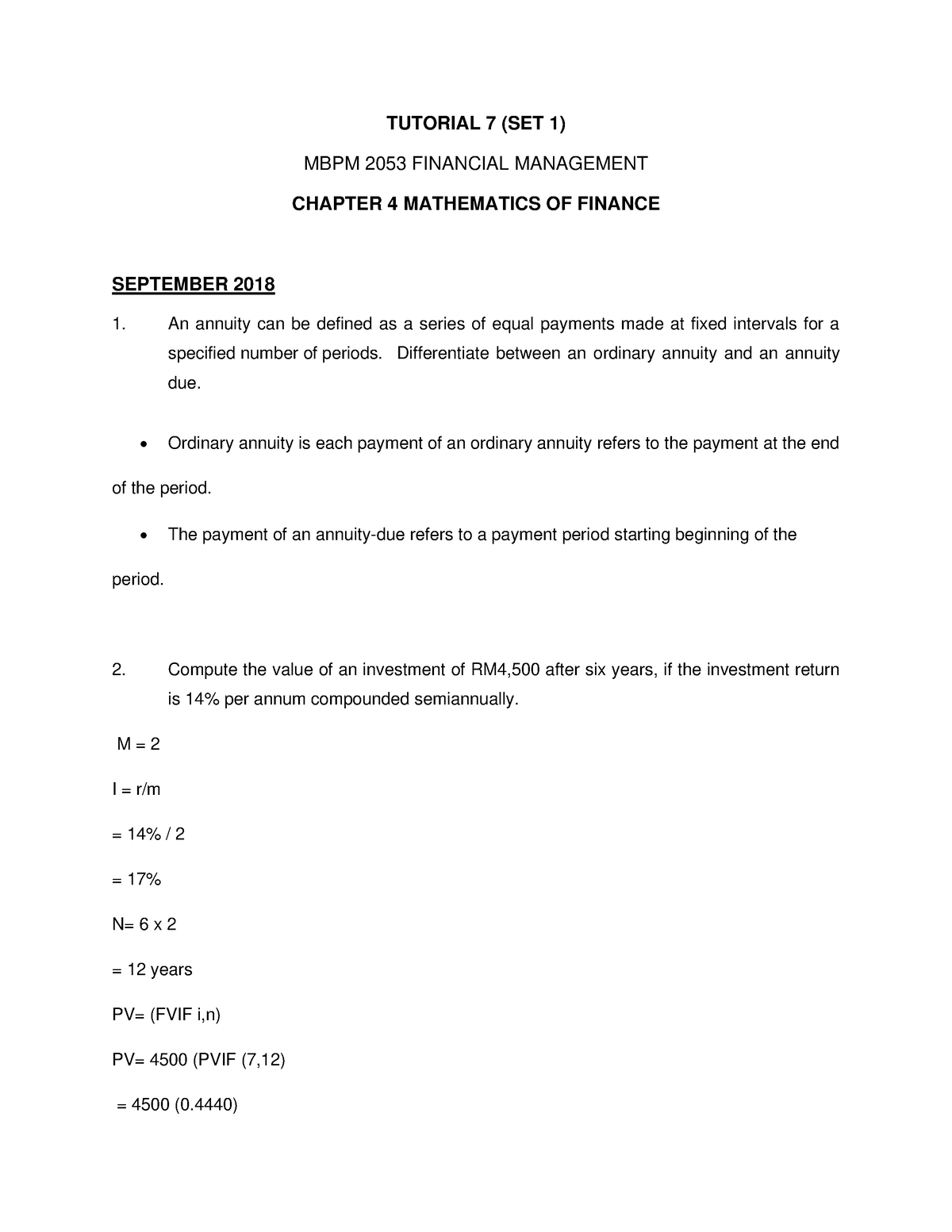 19 BB08 065 - Tutorial 7 Mathematics OF Finance (SET 1) - TUTORIAL 7 ...