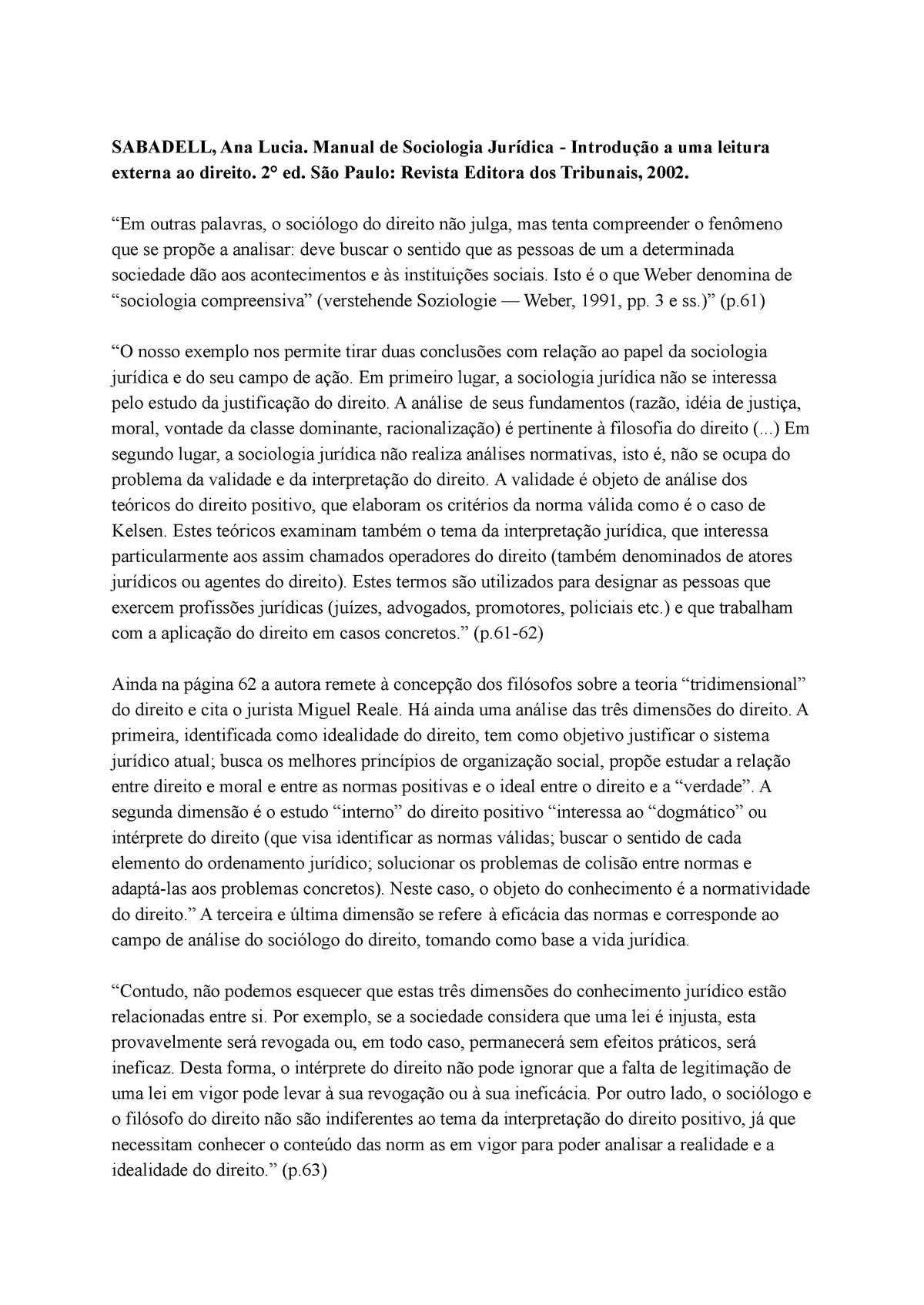 Fichamento Da Obra Manual De Sociologia Jurídica Sabadell Ana Lucia Manual De Sociologia 4806