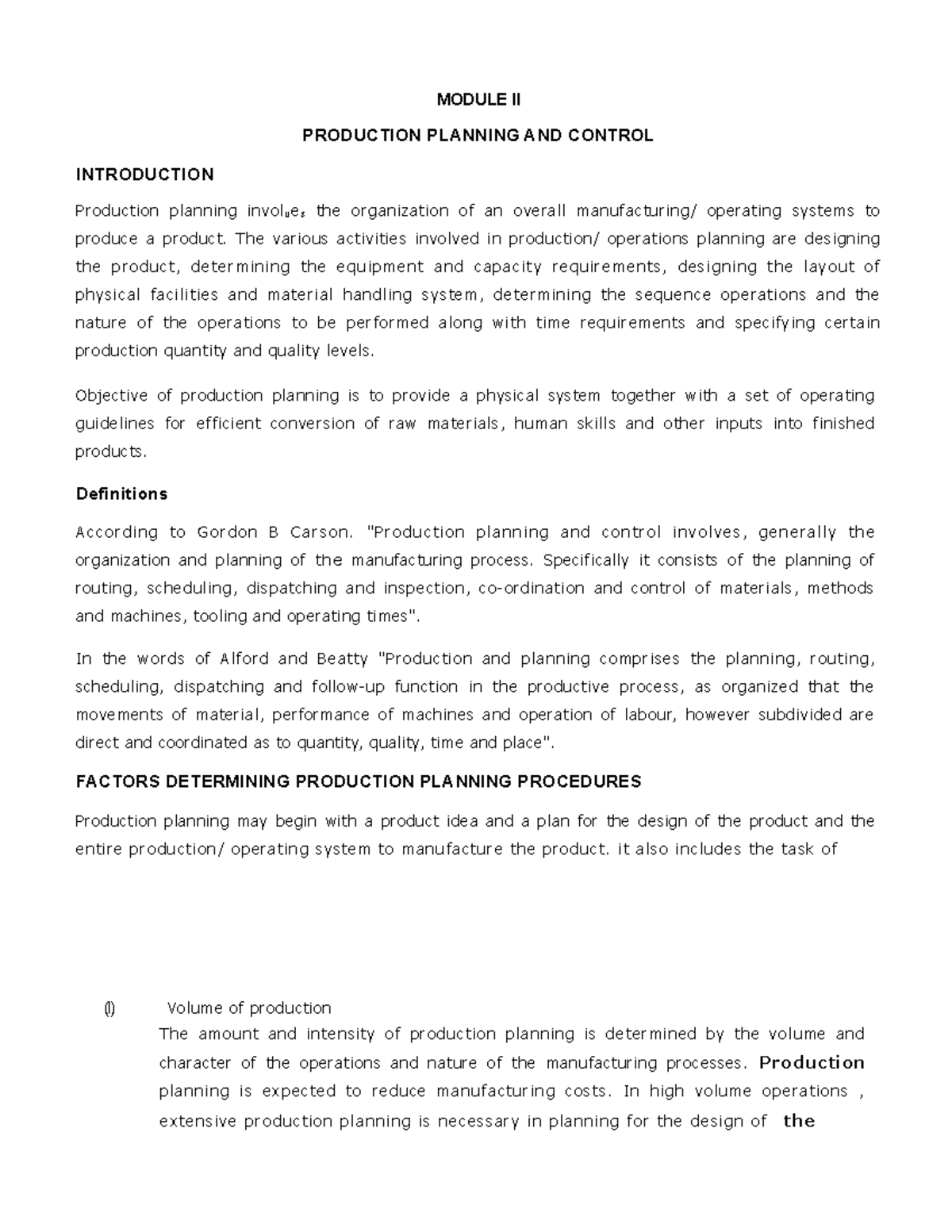 Production planning and control - MODULE II PRODUCTION PLANNING AND ...