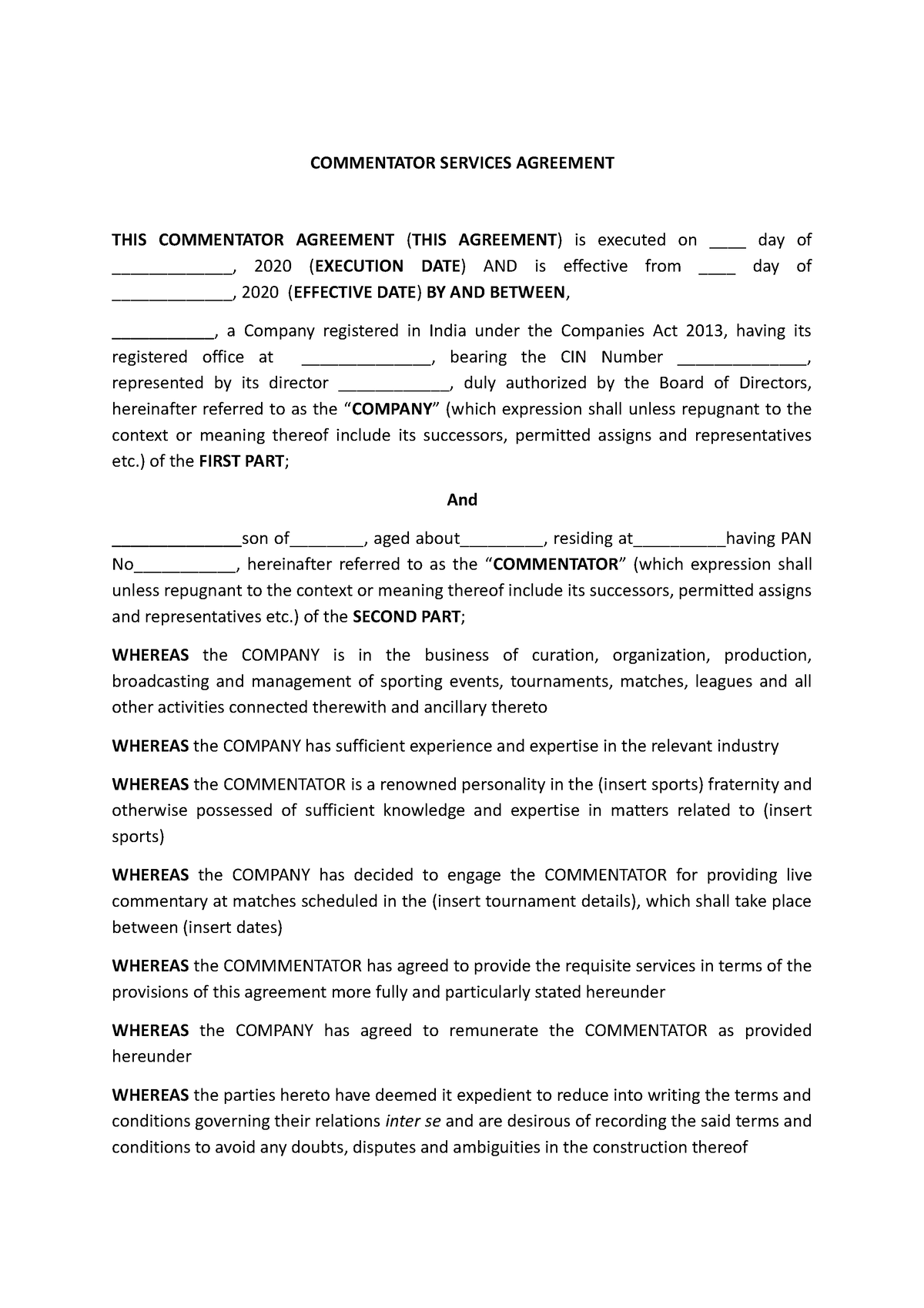 Commentator agreement template - Contract Law - Studocu