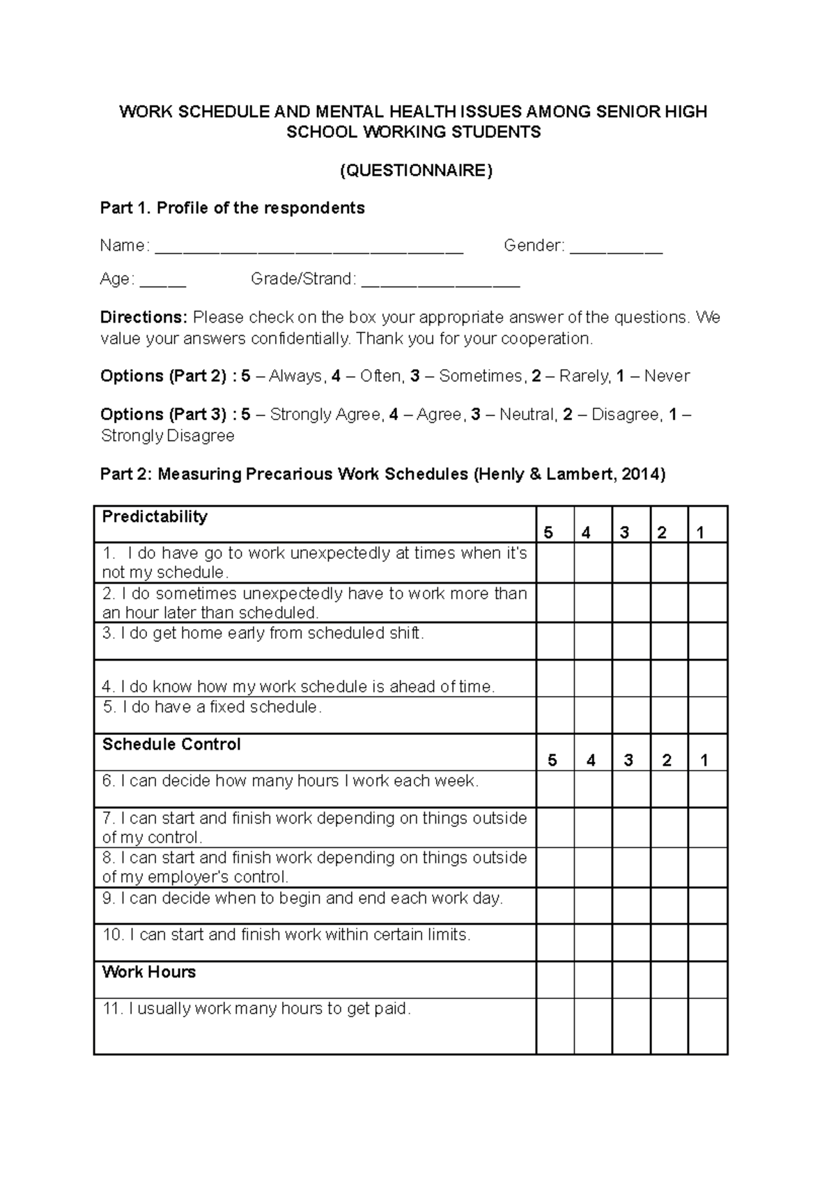 PC-Research Questionnaire - WORK SCHEDULE AND MENTAL HEALTH ISSUES ...