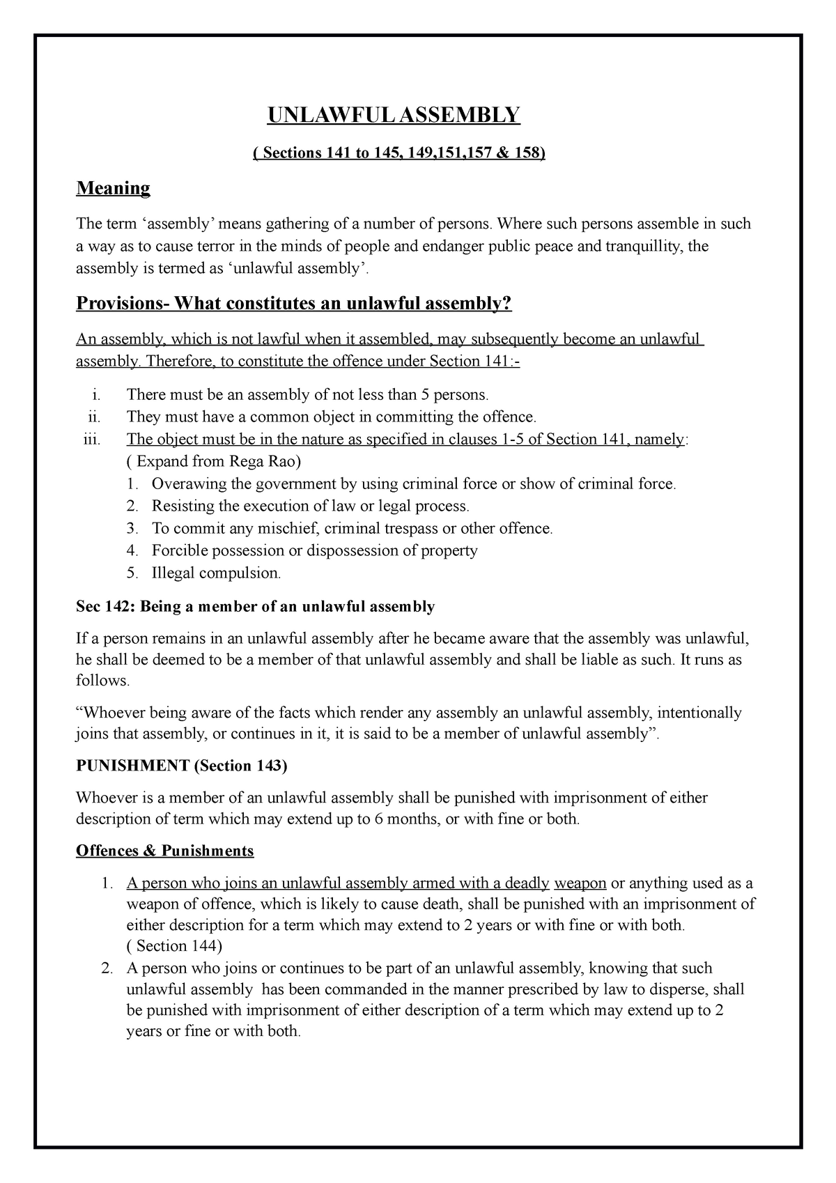 Unlawful Assembly - UNLAWFUL ASSEMBLY ( Sections 141 to 145 ...