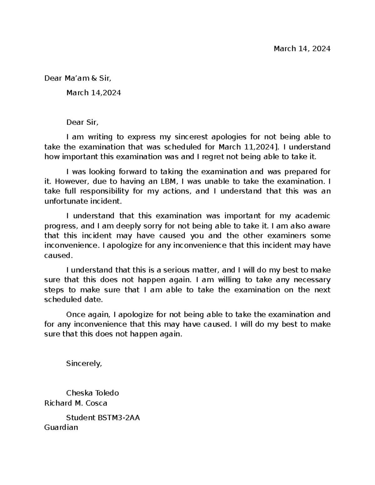 Letter - Good luck - March 14, 2024 Dear Ma’am & Sir, March 14, Dear ...